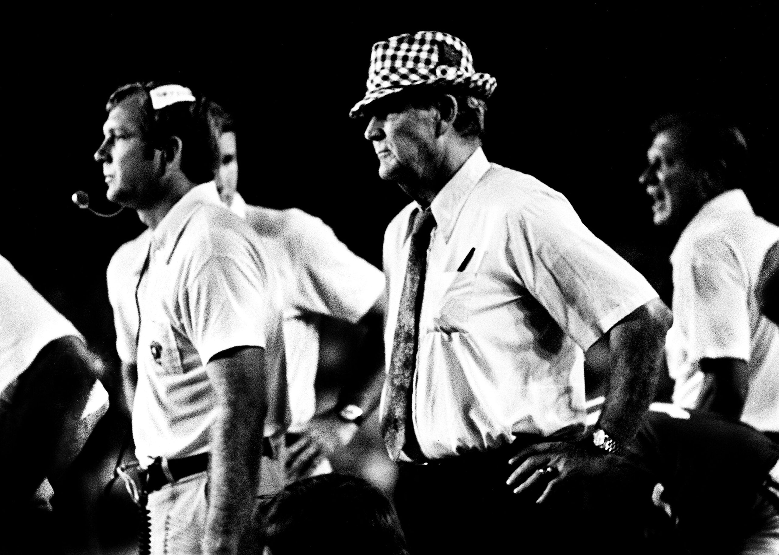 Alabama coach Bear Bryant, center, surveys the scene as he went to second and third team players early against Vanderbilt on Sept. 29, 1973. The fifth-ranked Crimson Tide defeated Vanderbilt 44-0 before 34,000 at Dudley Field