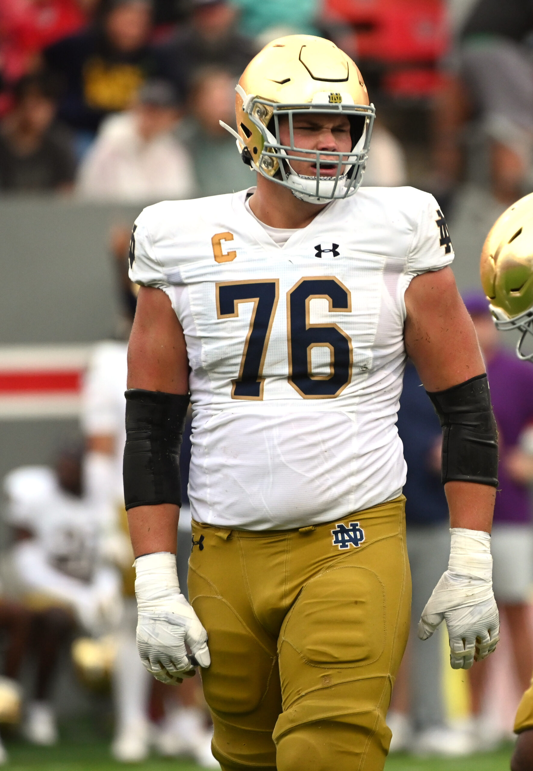Sep 9, 2023; Raleigh, North Carolina, USA; Notre Dame Fighting Irish tackle Joe Alt (76) during the first half at Carter-Finley Stadium.