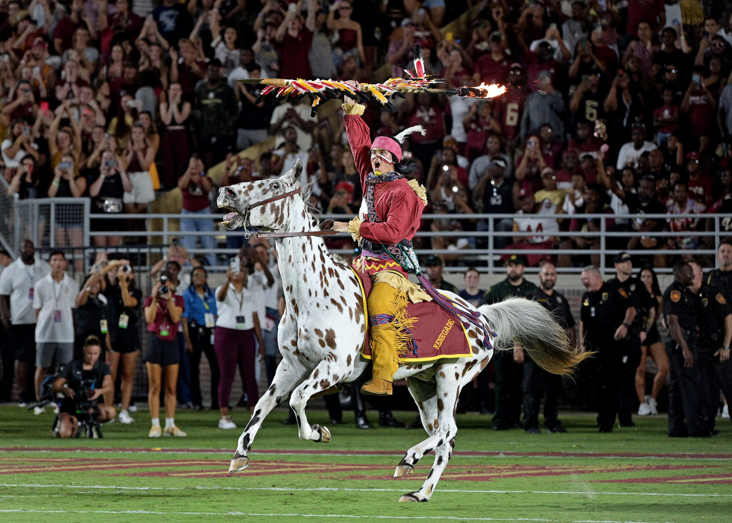 Sep 9, 2023; Tallahassee, Florida, USA; Florida State Seminoles symbols Chief Osceola and Renegade take the field during the game against the Southern Miss Golden Eagles at Doak S. Campbell Stadium.