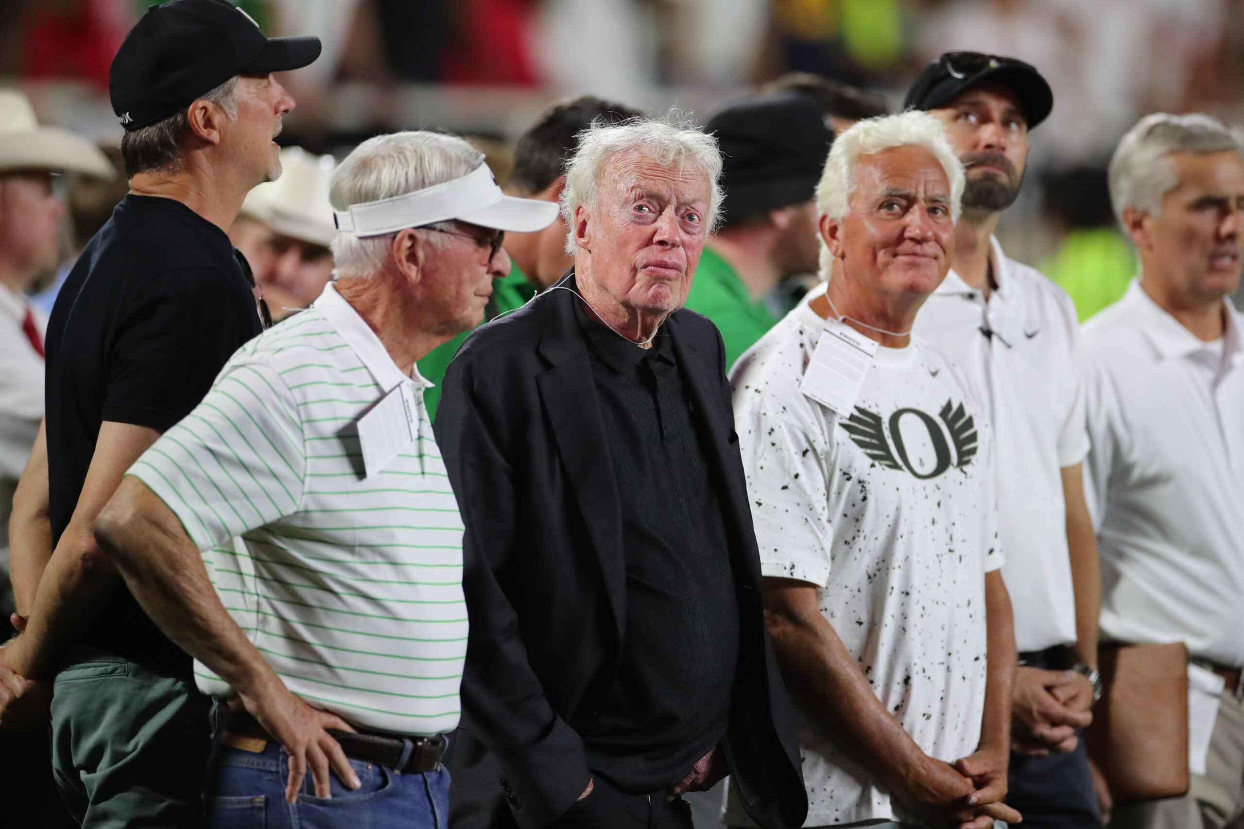 Sep 9, 2023; Lubbock, Texas, USA; Phil Knight, co-founder and chairman of Nike on the sidelines in the second half during the game between the Oregon Ducks and the Texas Tech Red Raiders at Jones AT&T Stadium and Cody Campbell Field. Mandatory Credit: Michael C. Johnson-USA TODAY Sports