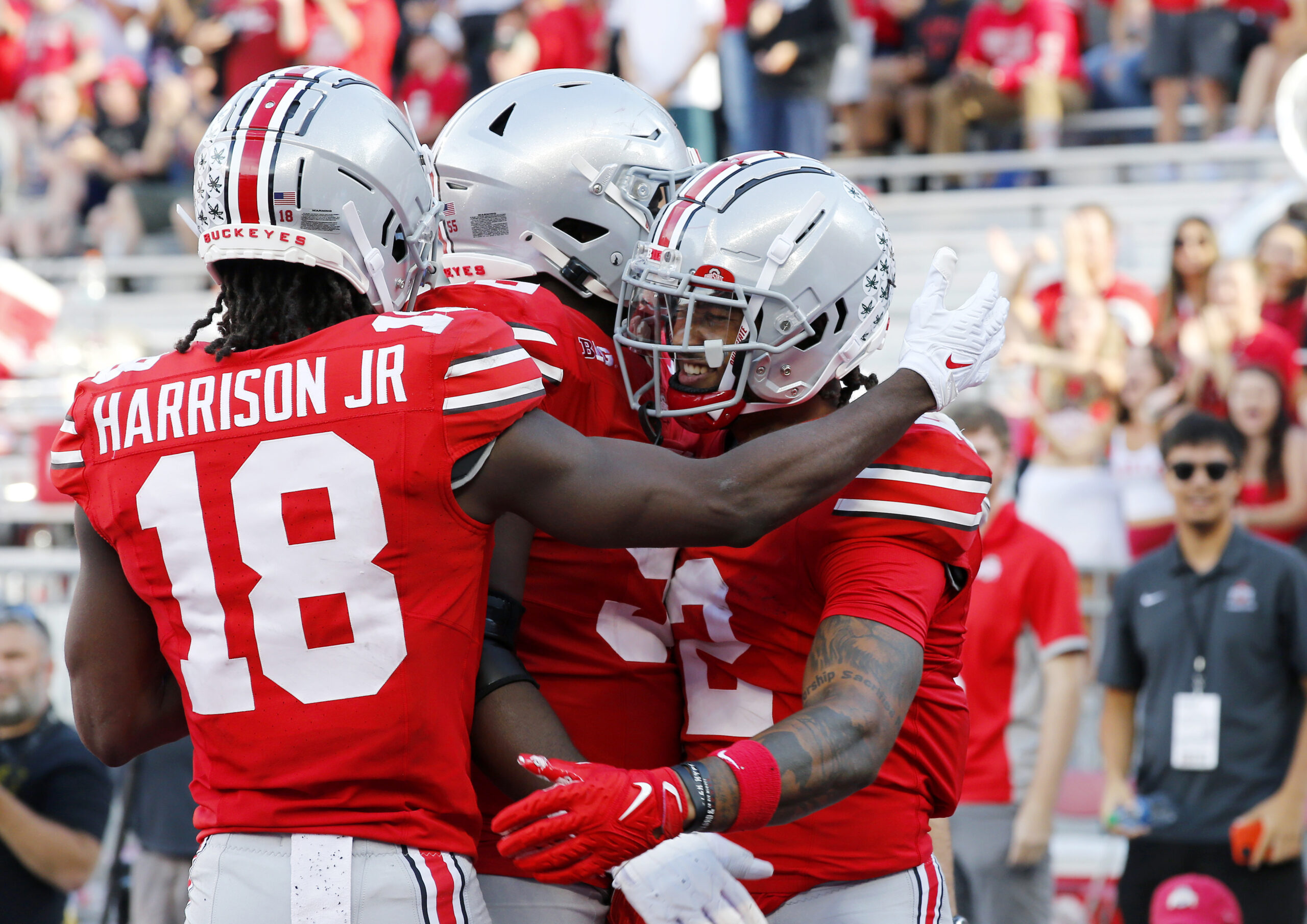 Sep 16, 2023; Columbus, Ohio, USA; Ohio State Buckeyes wide receiver Emeka Egbuka (2) celebrates the touchdown with wide receiver Marvin Harrison Jr. (18) during the second quarter against the Western Kentucky Hilltoppers at Ohio Stadium. Mandatory Credit: Joseph Maiorana-USA TODAY Sports