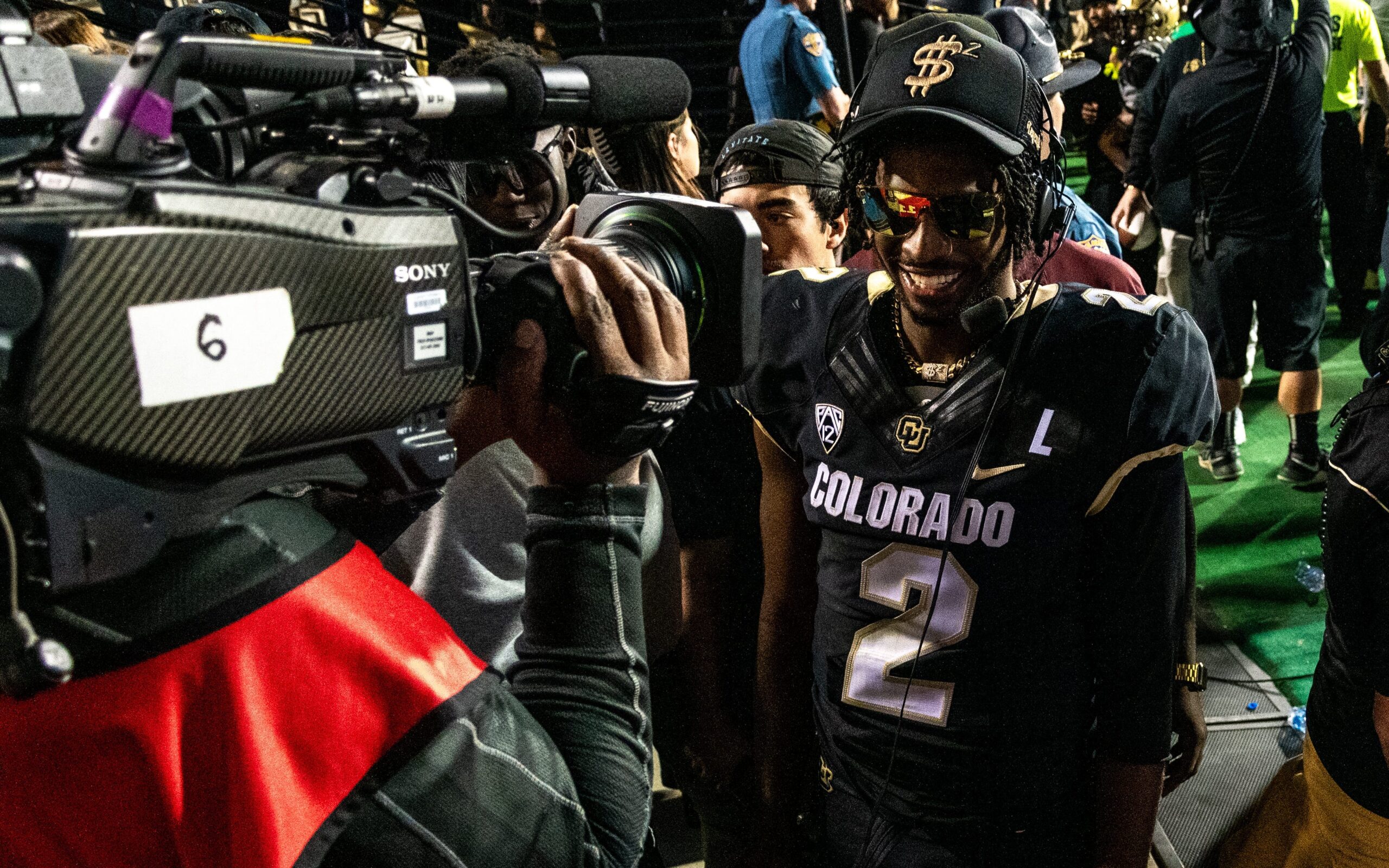 Shedeur Sanders talks to the TV cameras after Colorado's victory over Colorado State on September 16, 2023