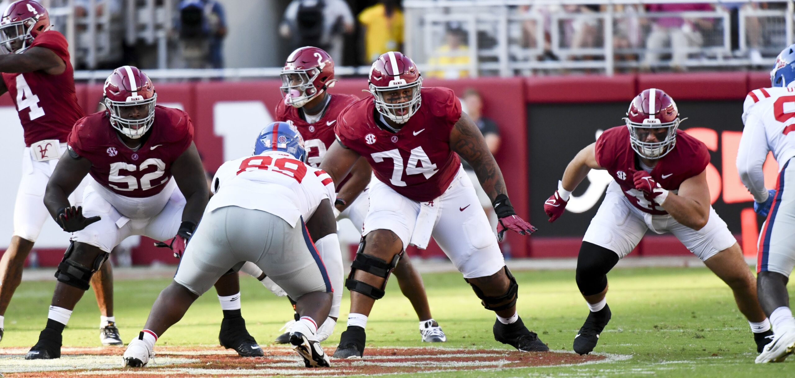 Sep 23, 2023; Tuscaloosa, Alabama, USA; Alabama Crimson Tide offensive lineman Tyler Booker (52) and Alabama Crimson Tide offensive lineman Kadyn Proctor (74) block against Mississippi at Bryant-Denny Stadium. Alabama defeated Mississippi 24-10. 