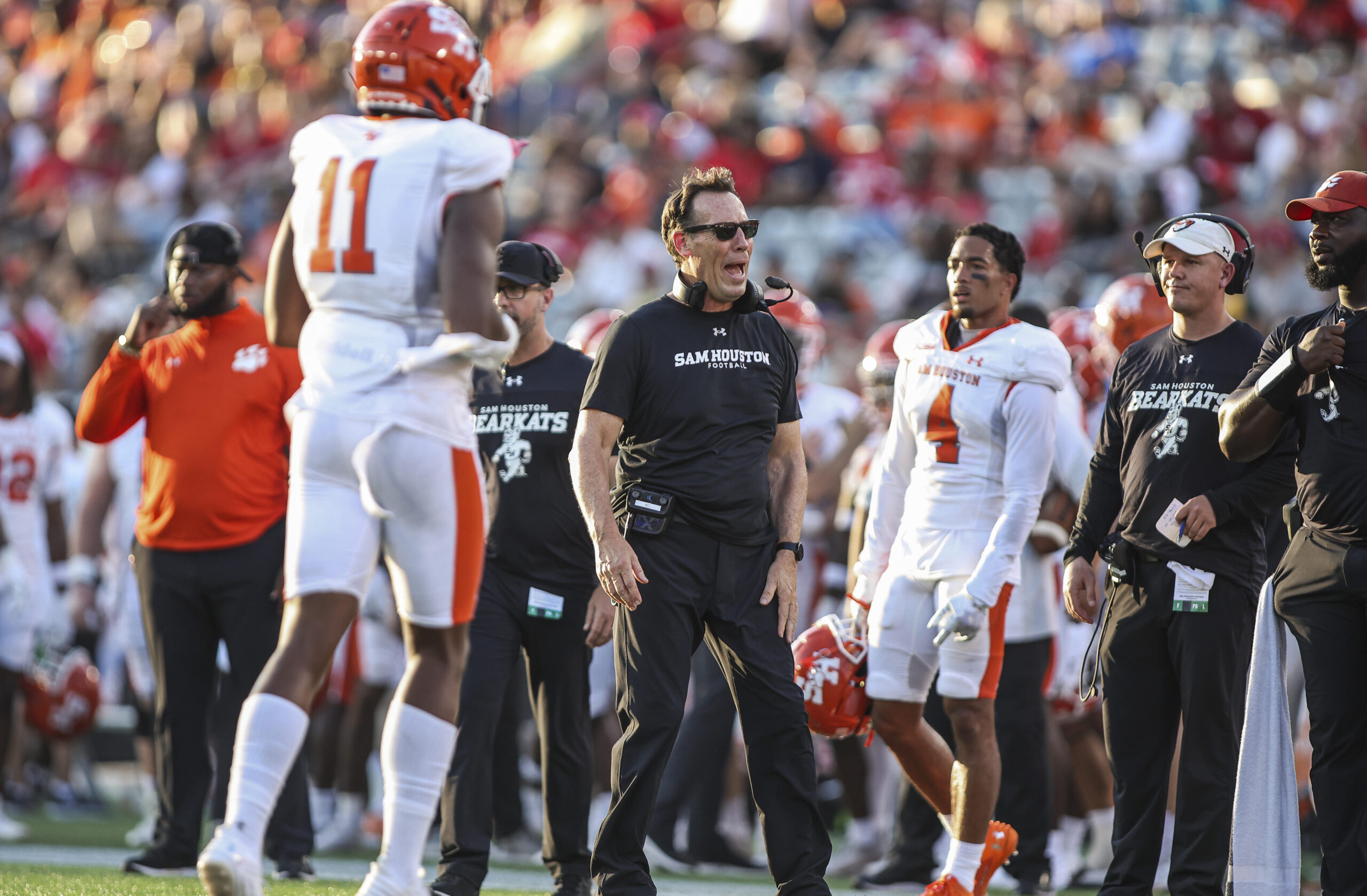 Sep 23, 2023; Houston, Texas, USA; Sam Houston State Bearkats head coach K. C. Keeler reacts after a play during the first quarter against the Houston Cougars at TDECU Stadium.
