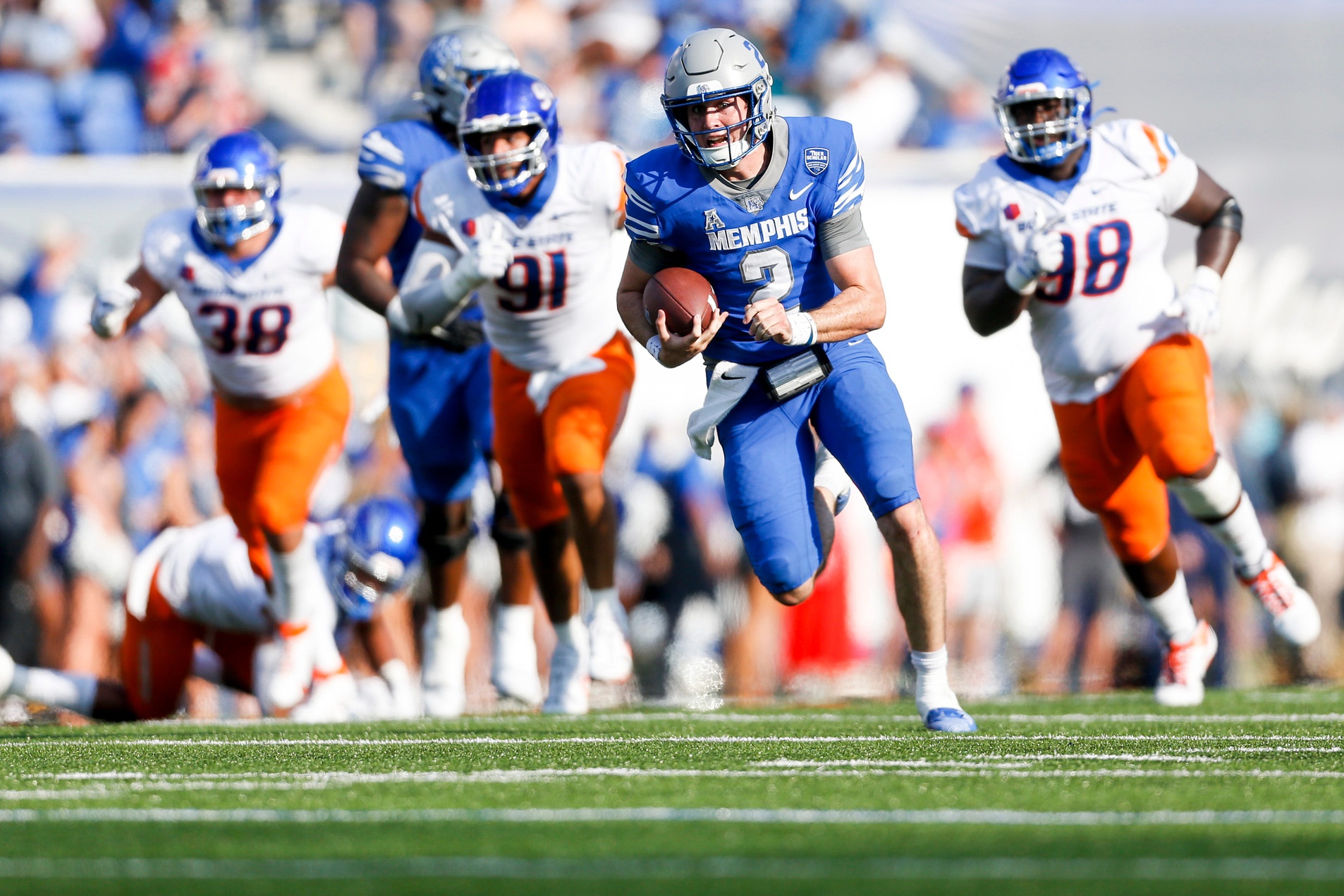 Memphis Seth Henigan (2) runs with the ball during the game between University of Memphis and Boise State University in Memphis, Tenn., on Saturday, September 30, 2023.