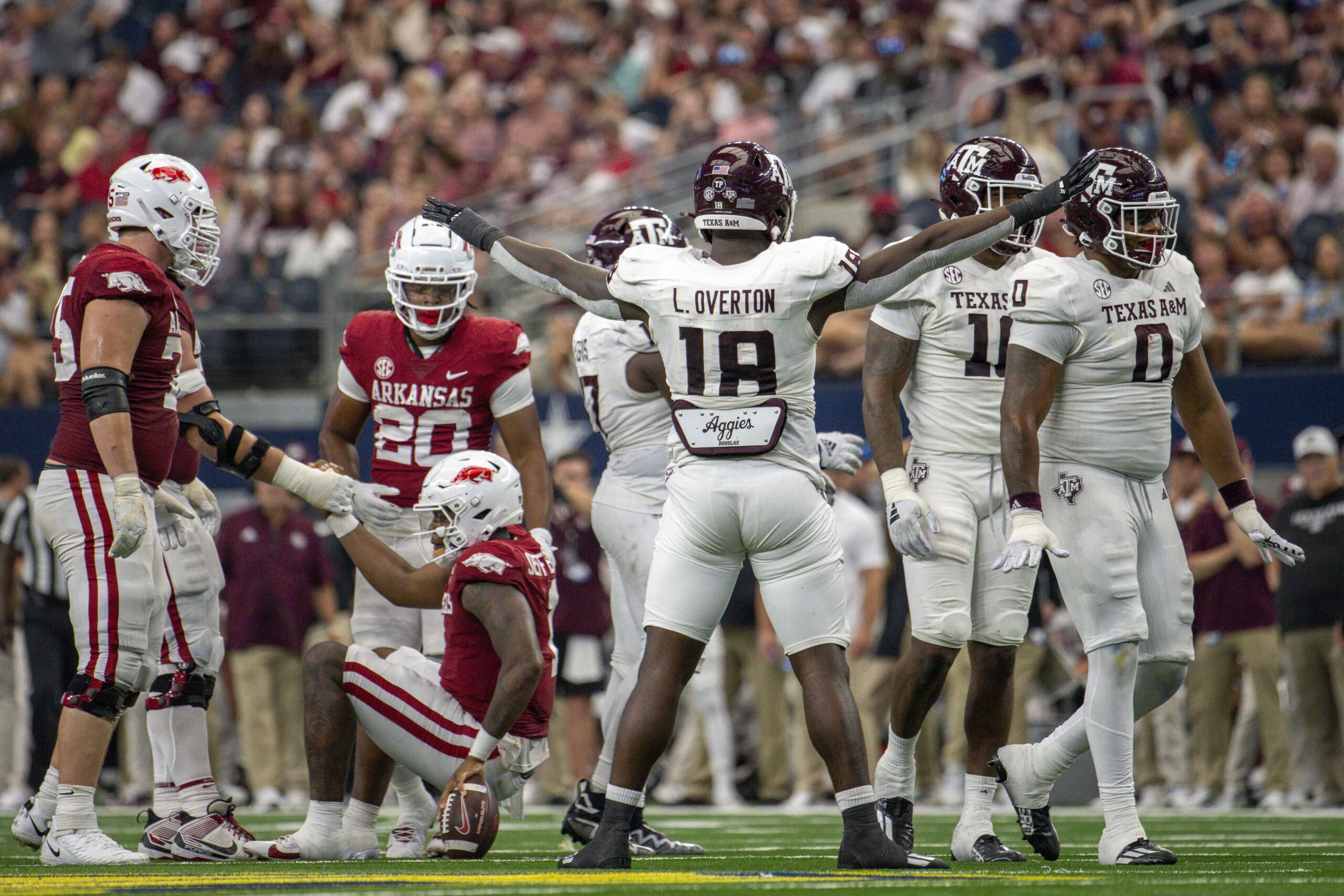 Sep 30, 2023; Arlington, Texas, USA; Texas A&M Aggies defensive lineman LT Overton (18) In action during the game between the Texas A&M Aggies and the Arkansas Razorbacks at AT&T Stadium. Mandatory Credit: Jerome Miron-USA TODAY Sports