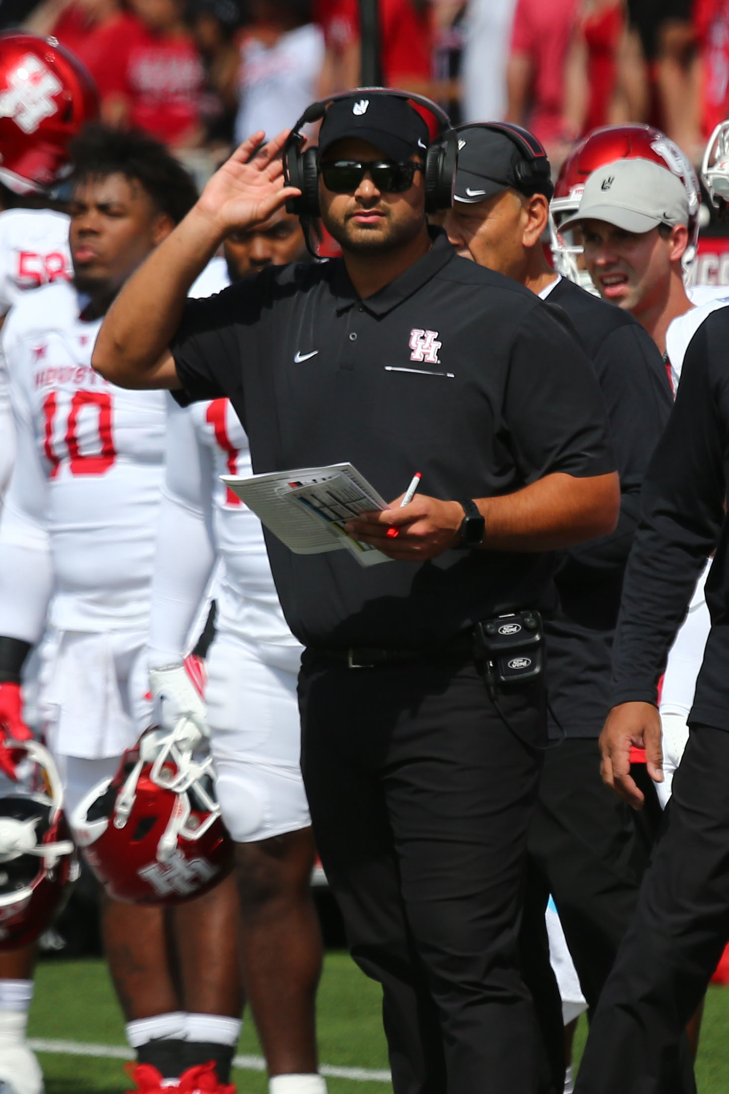 Sep 30, 2023; Lubbock, Texas, USA; Houston Cougars associate head coach Doug Belk on the sidelines in the second half during the game against the Texas Tech Red Raiders at Jones AT&T Stadium and Cody Campbell Field.