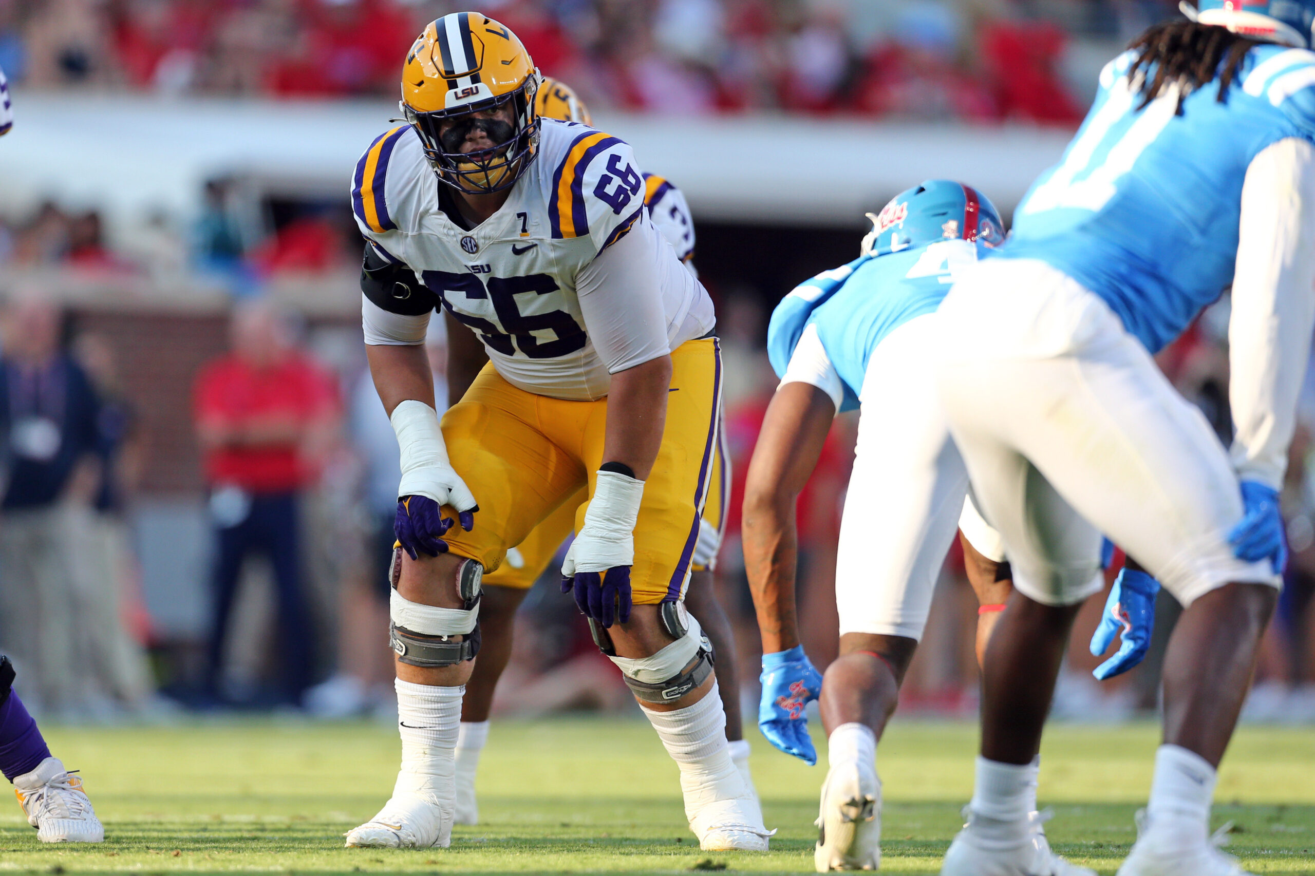 Sep 30, 2023; Oxford, Mississippi, USA; LSU Tigers offensive linemen Will Campbell (66) waits for the snap during the first half against the Mississippi Rebels at Vaught-Hemingway Stadium. Mandatory Credit: Petre Thomas-USA TODAY Sports