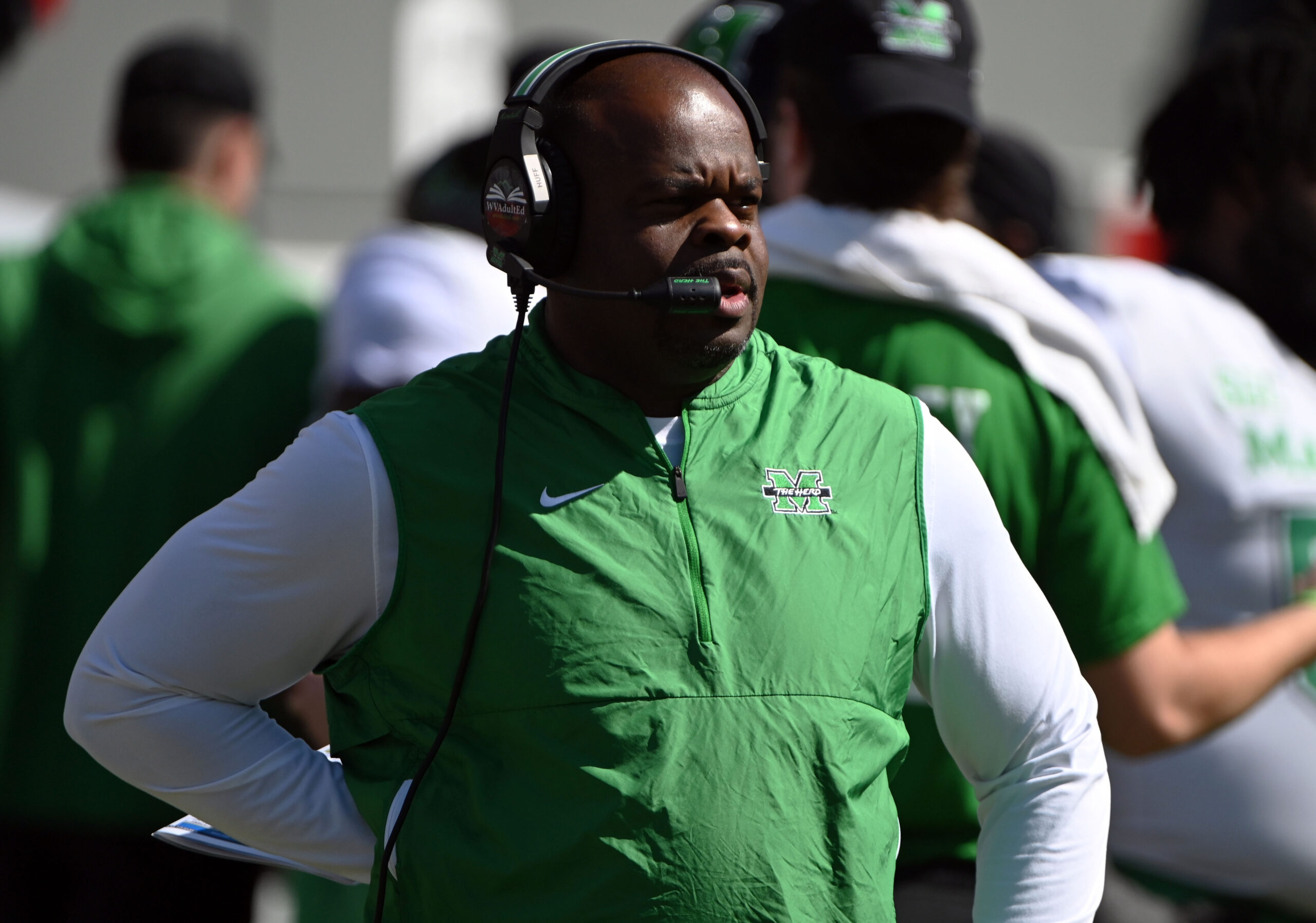 Oct 7, 2023; Raleigh, North Carolina, USA; Marshall Thundering Herd head coach Charles Huff looks on during the first half against the North Carolina State Wolfpack at Carter-Finley Stadium
