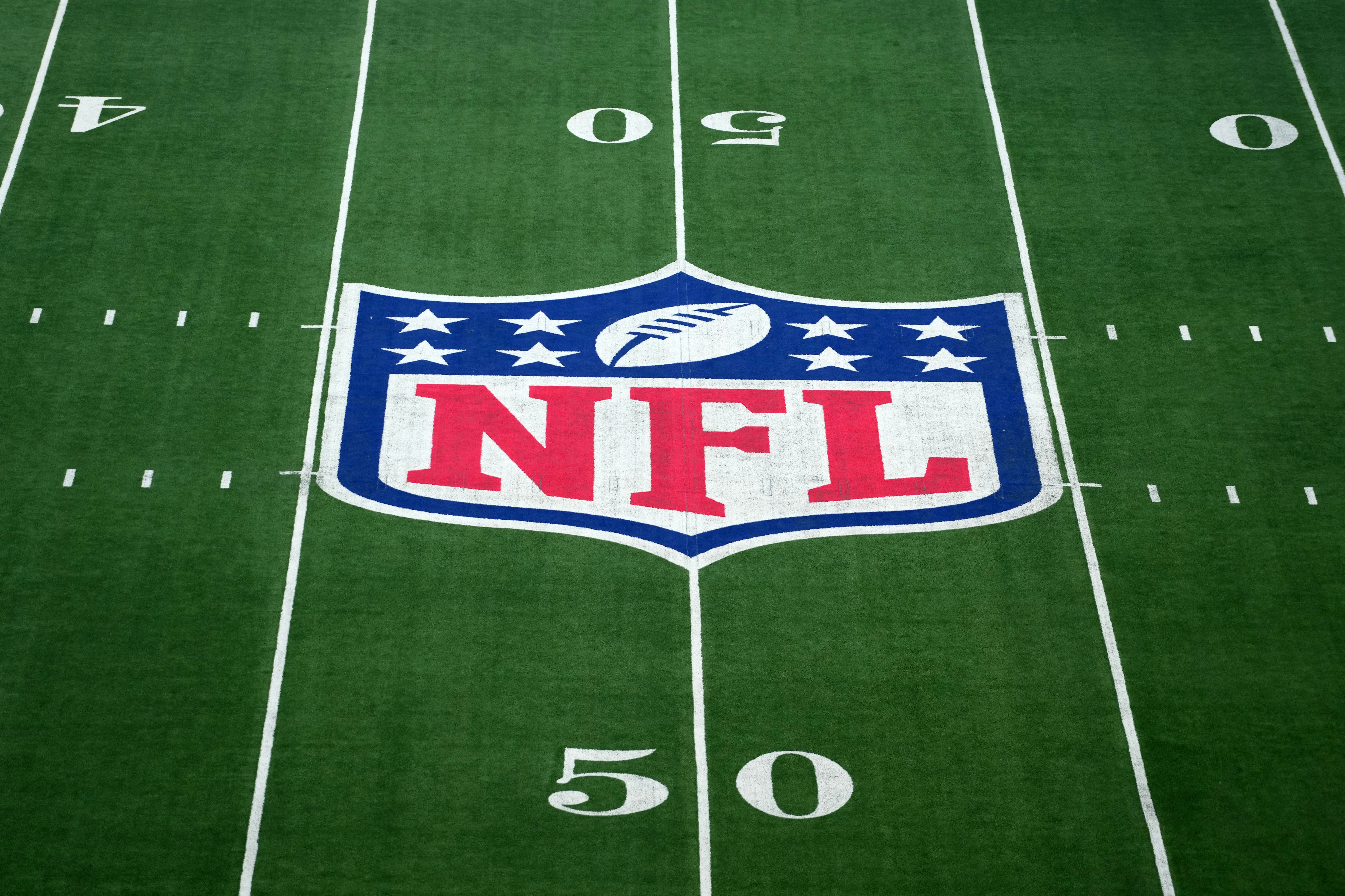 Oct 15, 2023; London, United Kingdom; The NFL Shield logo at midfeld during an NFL International Series game at Tottenham Hotspur Stadium.
