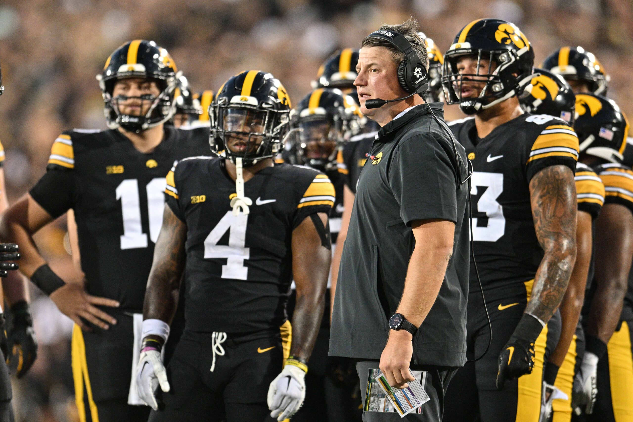Sep 30, 2023; Iowa City, Iowa, USA; Iowa Hawkeyes assistant coach Brian Ferentz looks on during the first quarter against the Michigan State Spartans at Kinnick Stadium.