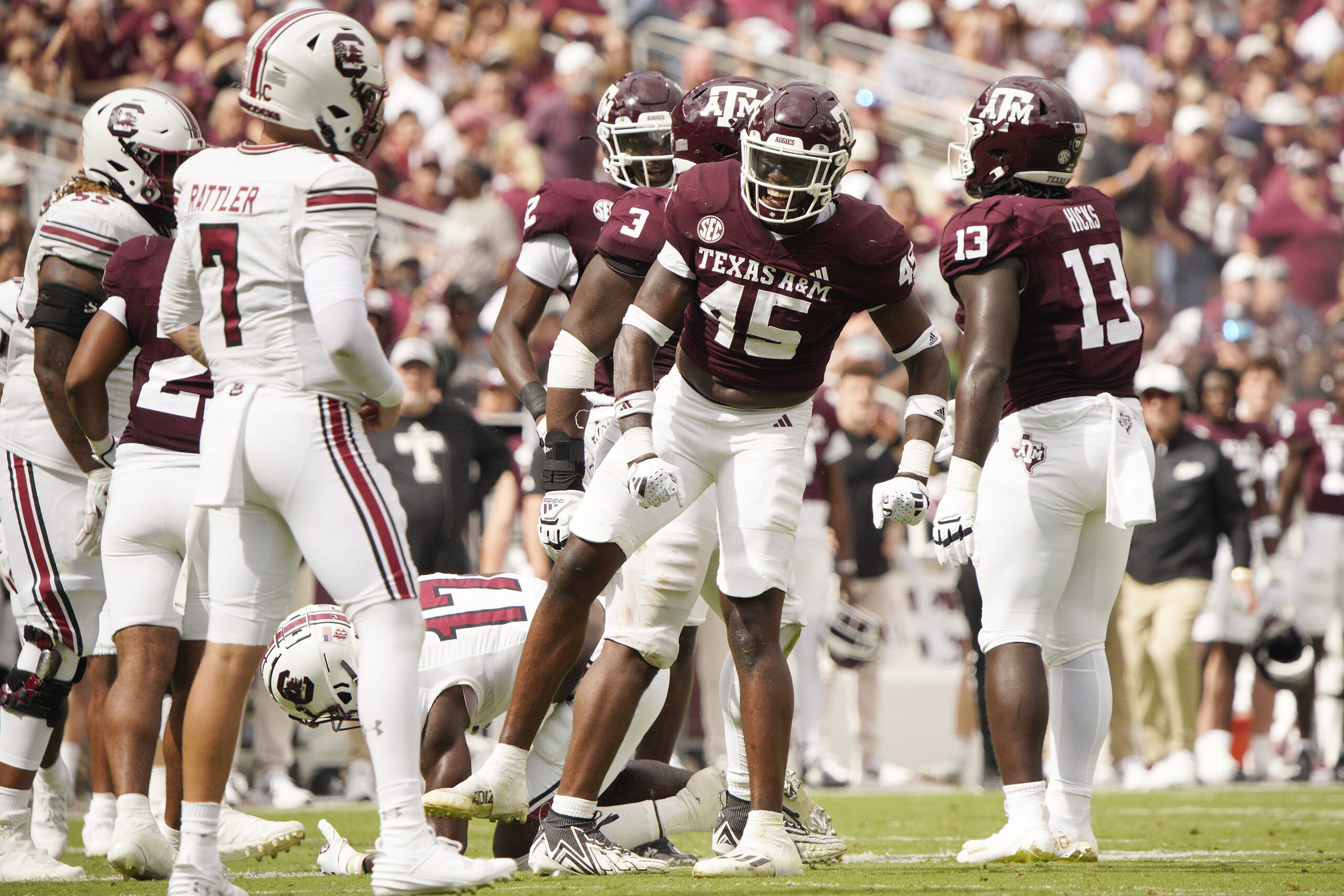 Oct 28, 2023; College Station, Texas, USA; Texas A&M Aggies linebacker Edgerrin Cooper (45) celebrates a tackle against the South Carolina Gamecocks during the second quarter at Kyle Field.