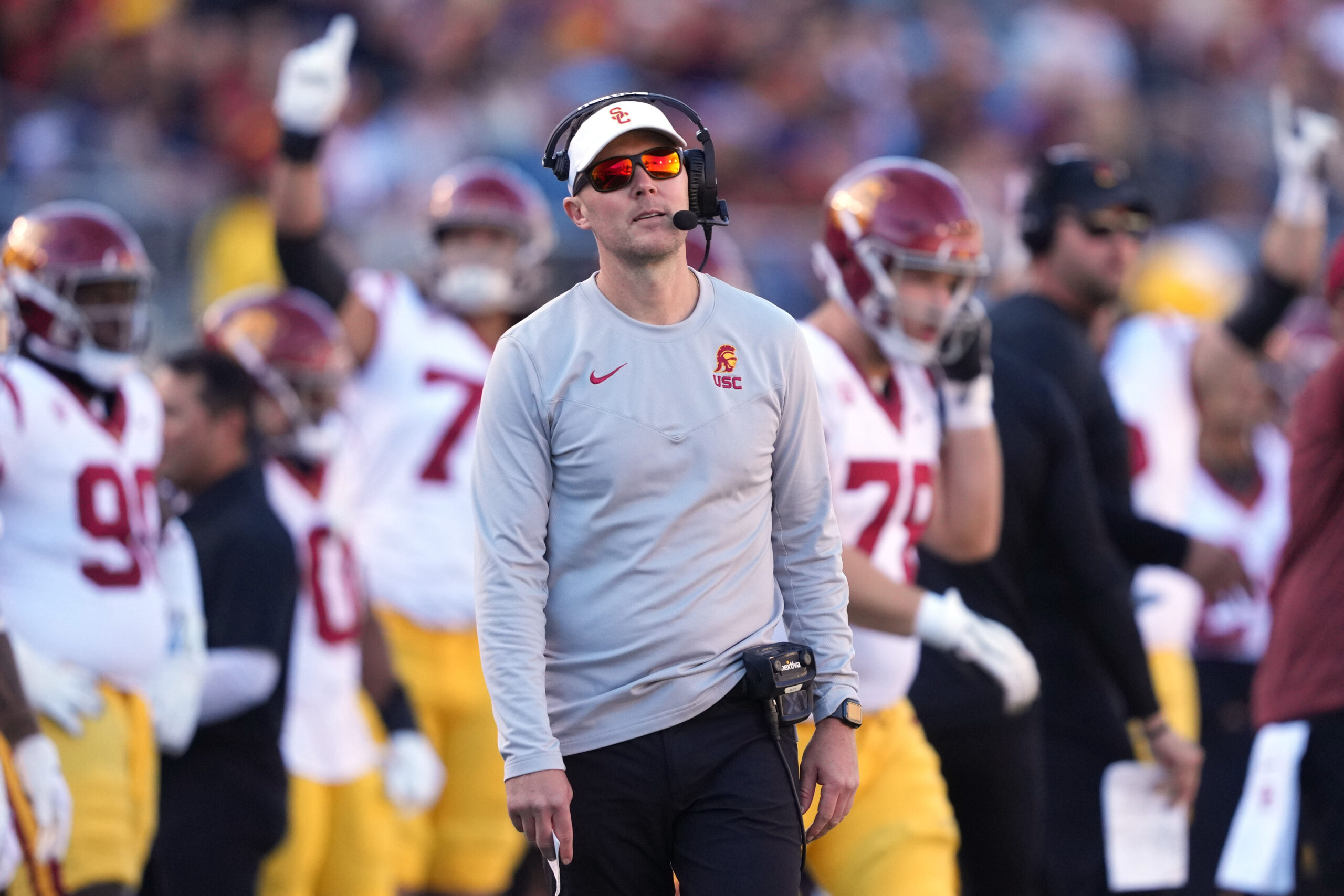 Oct 28, 2023; Berkeley, California, USA; USC Trojans head coach Lincoln Riley reacts after a penalty during the third quarter against the California Golden Bears at California Memorial Stadium.