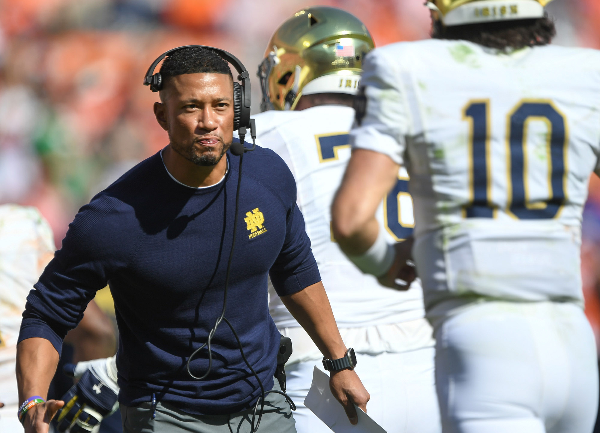 Nov 4, 2023; Clemson, South Carolina, USA; Notre Dame Fighting Irish head coach Marcus Freeman reacts during the third quarter against the Clemson Tigers at Memorial Stadium. Mandatory Credit: Ken Ruinard-USA TODAY Sports
