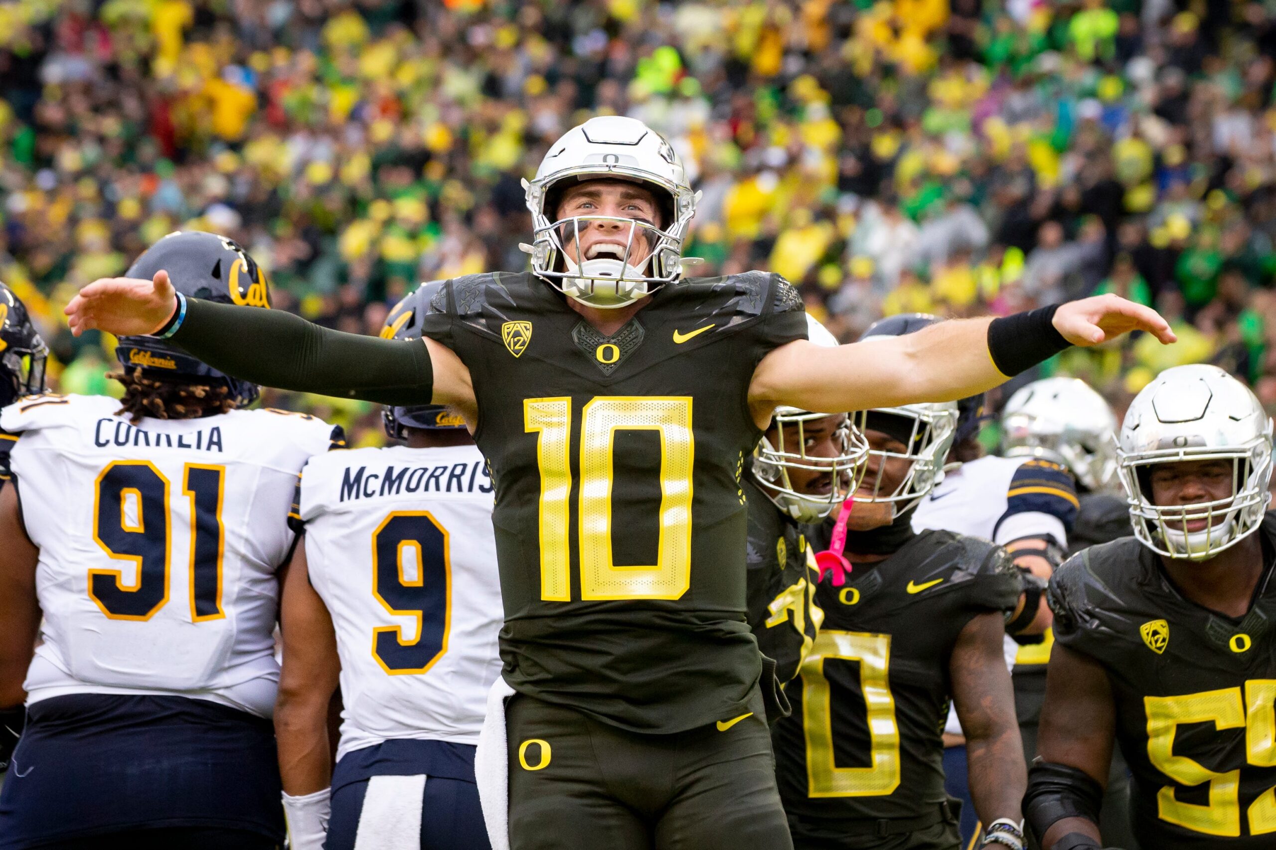 Oregon quarterback Bo Nix celebrates a touchdown as the No. 6 Oregon Ducks host California Saturday, Nov. 4, 2023, at Autzen Stadium in Eugene, Ore.