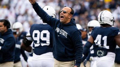 Penn State head football coach James Franklin yells from the sideline during the second half of an NCAA football game against Michigan at Beaver Stadium Saturday