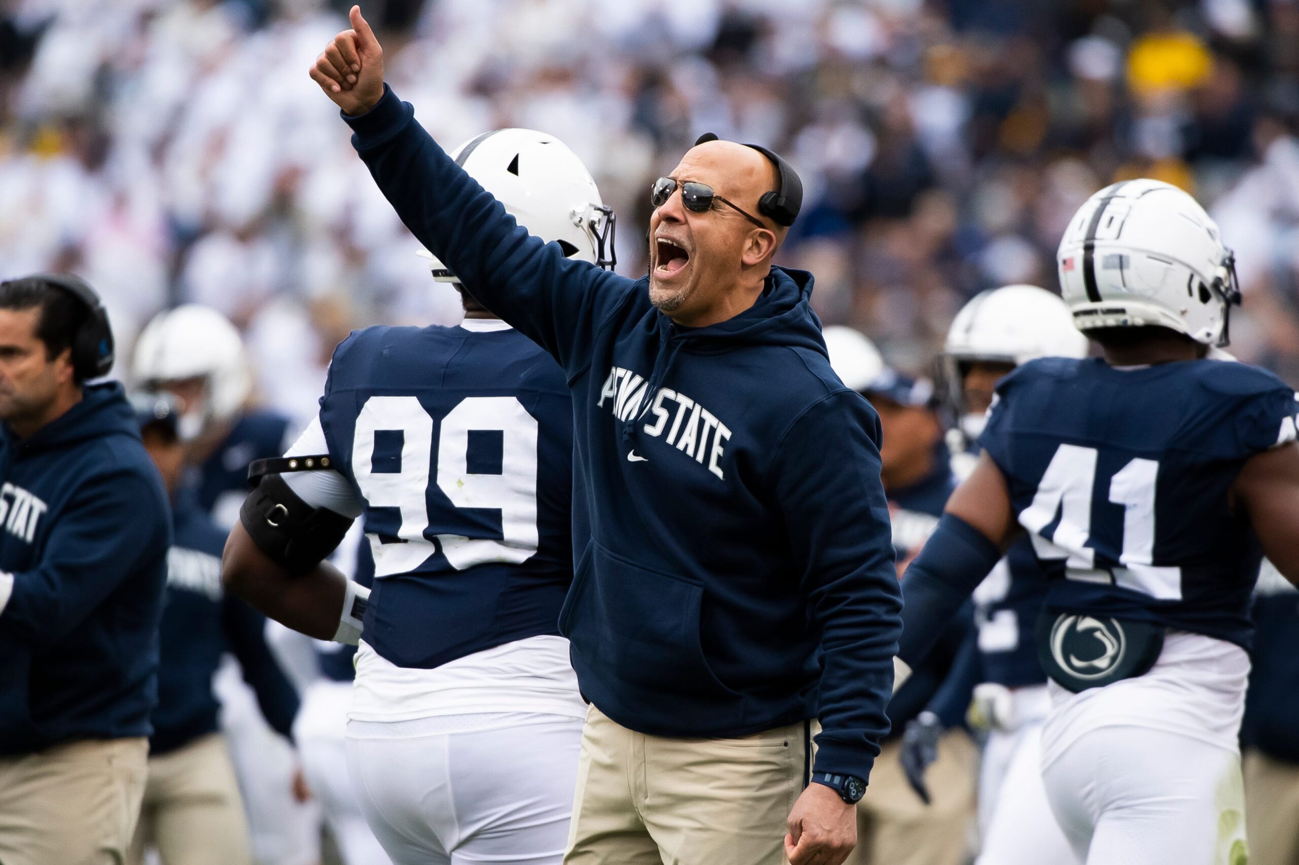 Penn State head football coach James Franklin yells from the sideline during the second half of an NCAA football game against Michigan at Beaver Stadium Saturday, Nov. 11, 2023, in State College, Pa.