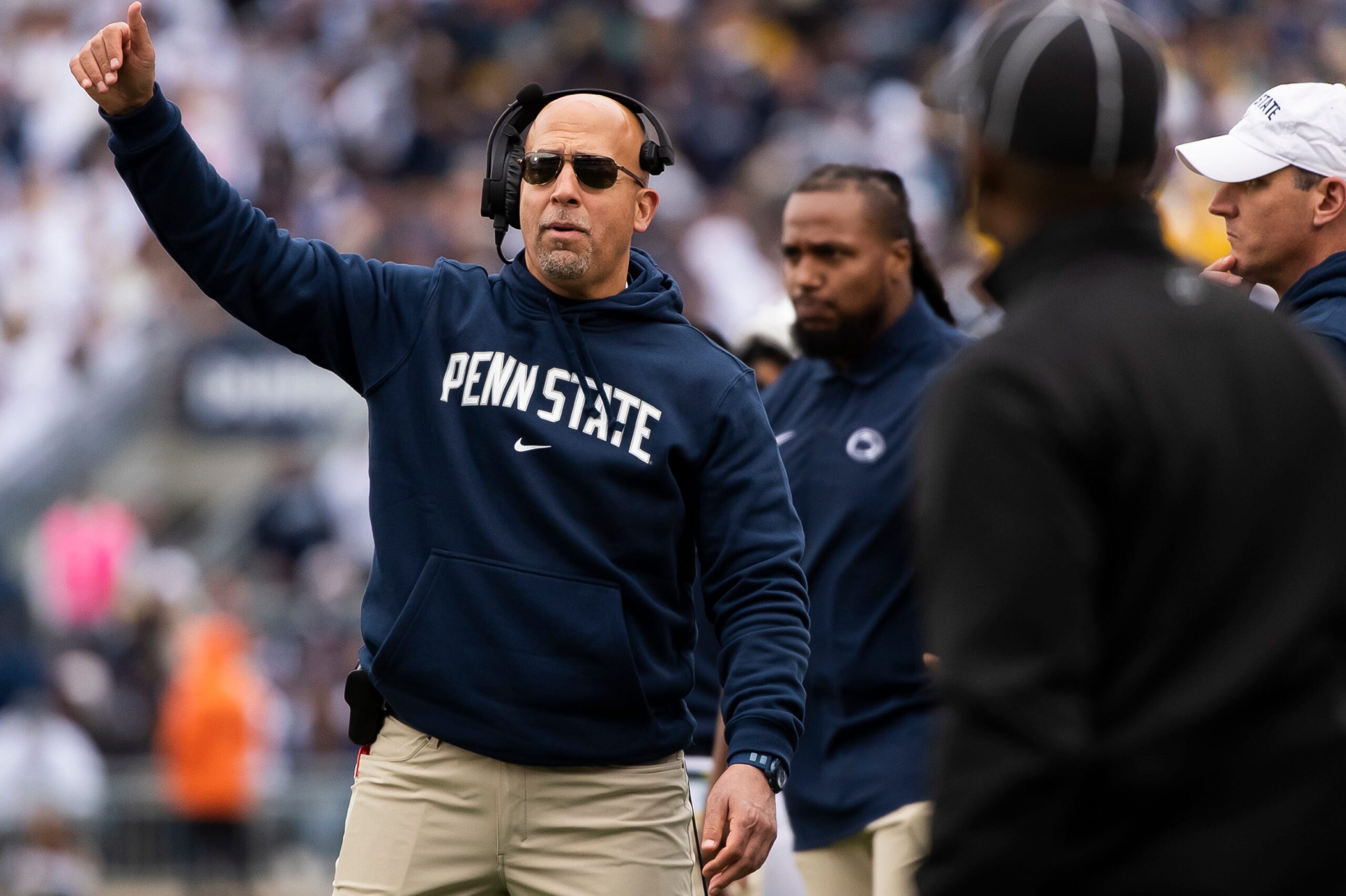 Penn State head football coach James Franklin motions from the sideline during the second half of an NCAA football game against Michigan at Beaver Stadium Saturday, Nov. 11, 2023, in State College, Pa.
