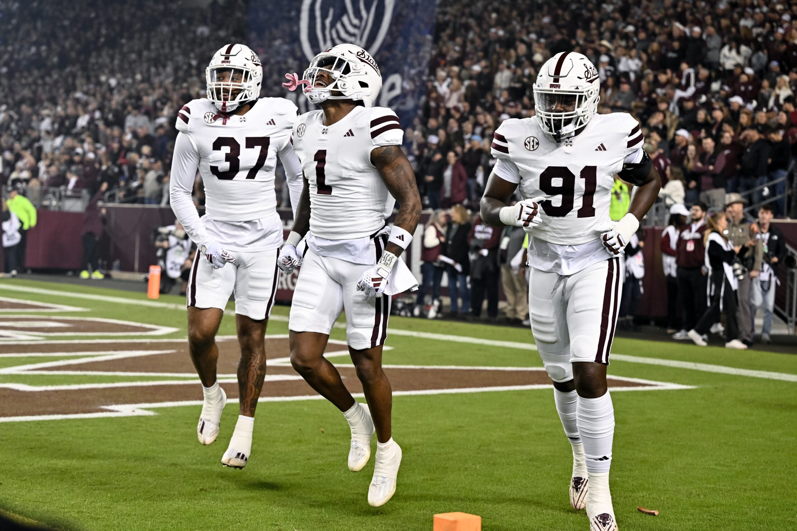 Nov 11, 2023; College Station, Texas, USA; Mississippi State Bulldogs wide receiver Zavion Thomas (1) reacts after scoring a touchdown against the Texas A&M Aggies at Kyle Field. Mandatory Credit: Maria Lysaker-USA TODAY Sports