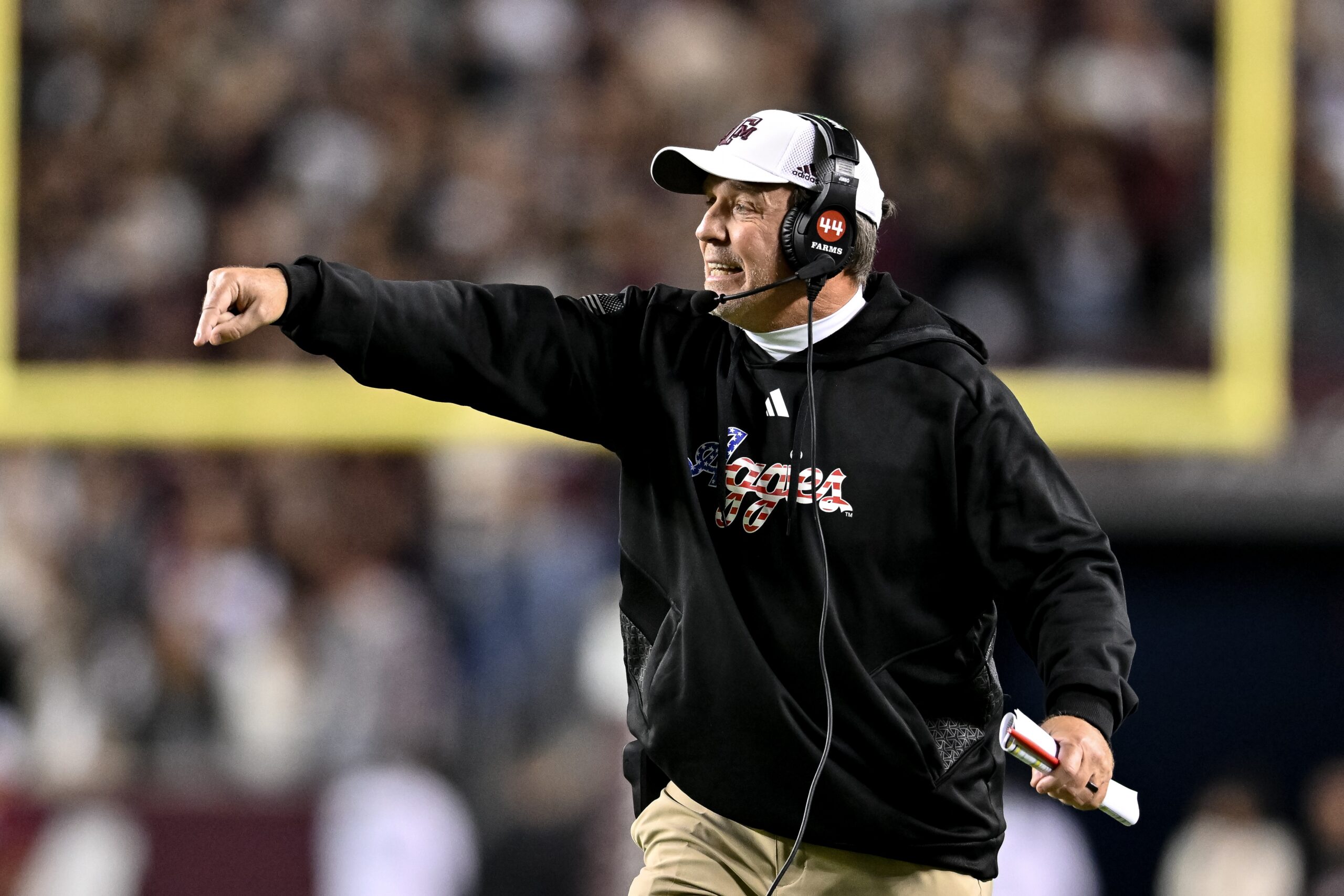 Nov 11, 2023; College Station, Texas, USA; Texas A&M Aggies head coach Jimbo Fisher reacts to a call during the second quarter against the Mississippi State Bulldogs at Kyle Field.