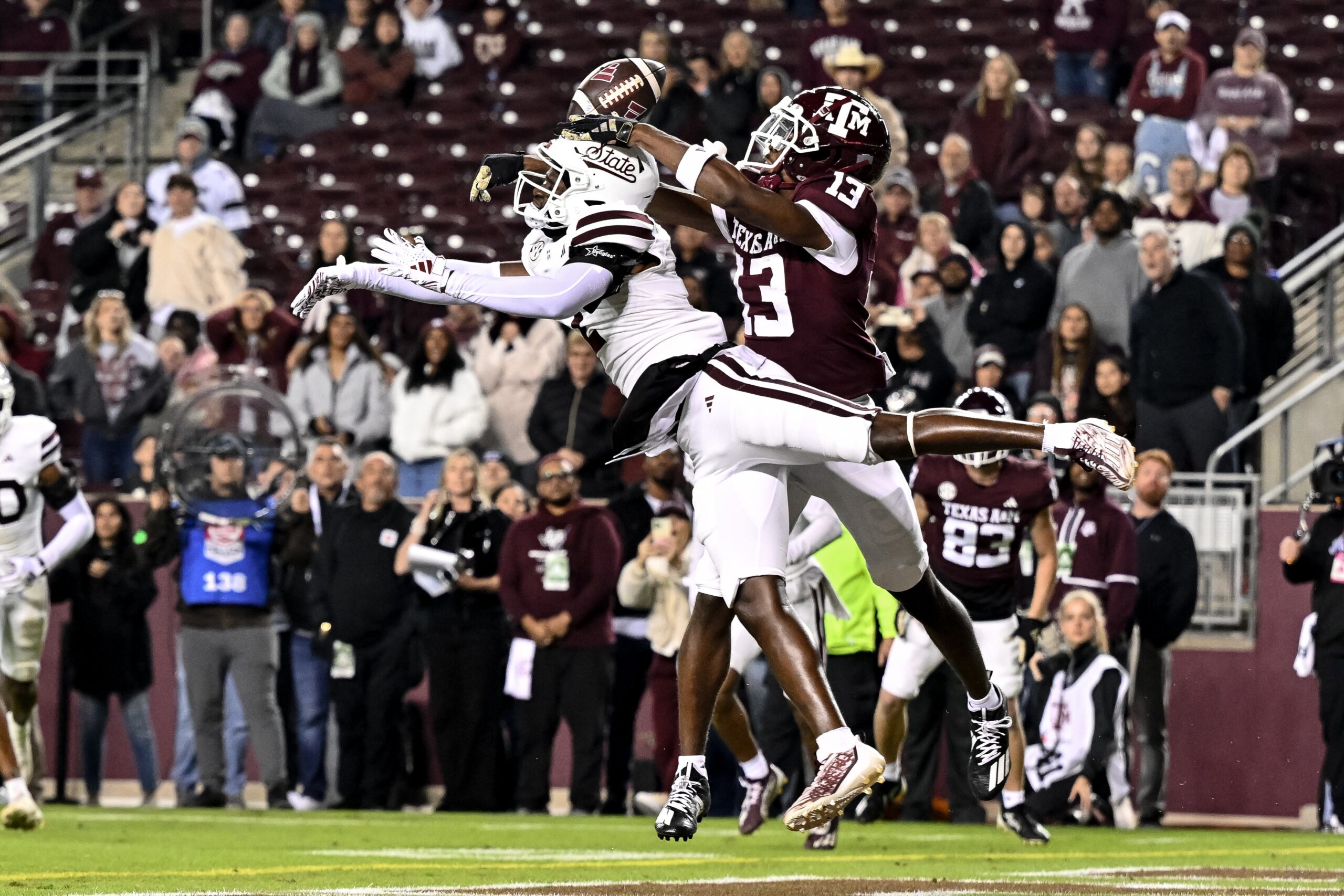 Nov 11, 2023; College Station, Texas, USA; Mississippi State Bulldogs cornerback Esaias Furdge (2) breaks up a pass intended for Texas A&M Aggies wide receiver Micah Tease (13) during the fourth quarter at Kyle Field.