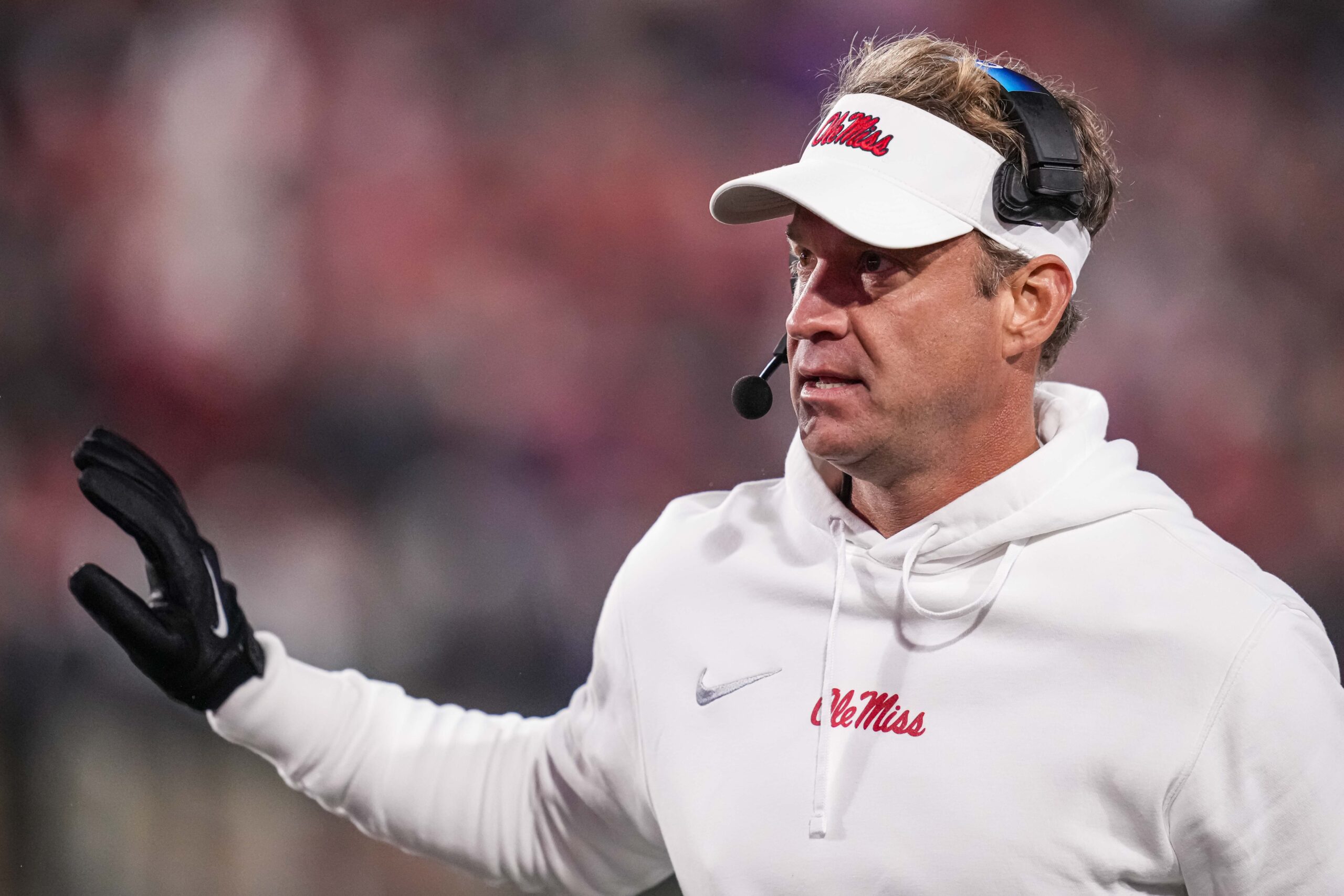 Nov 11, 2023; Athens, Georgia, USA; Mississippi Rebels head coach Lane Kiffin reacts on the field against the Georgia Bulldogs during the first half at Sanford Stadium.