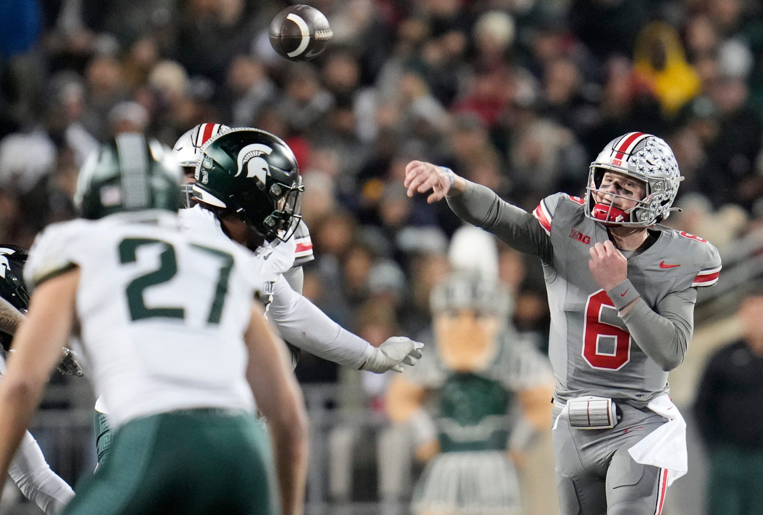 Nov 11, 2023; Columbus, Ohio, USA; Ohio State Buckeyes quarterback Kyle McCord (6) passes the ball during the NCAA football game against Michigan State University at Ohio Stadium.
