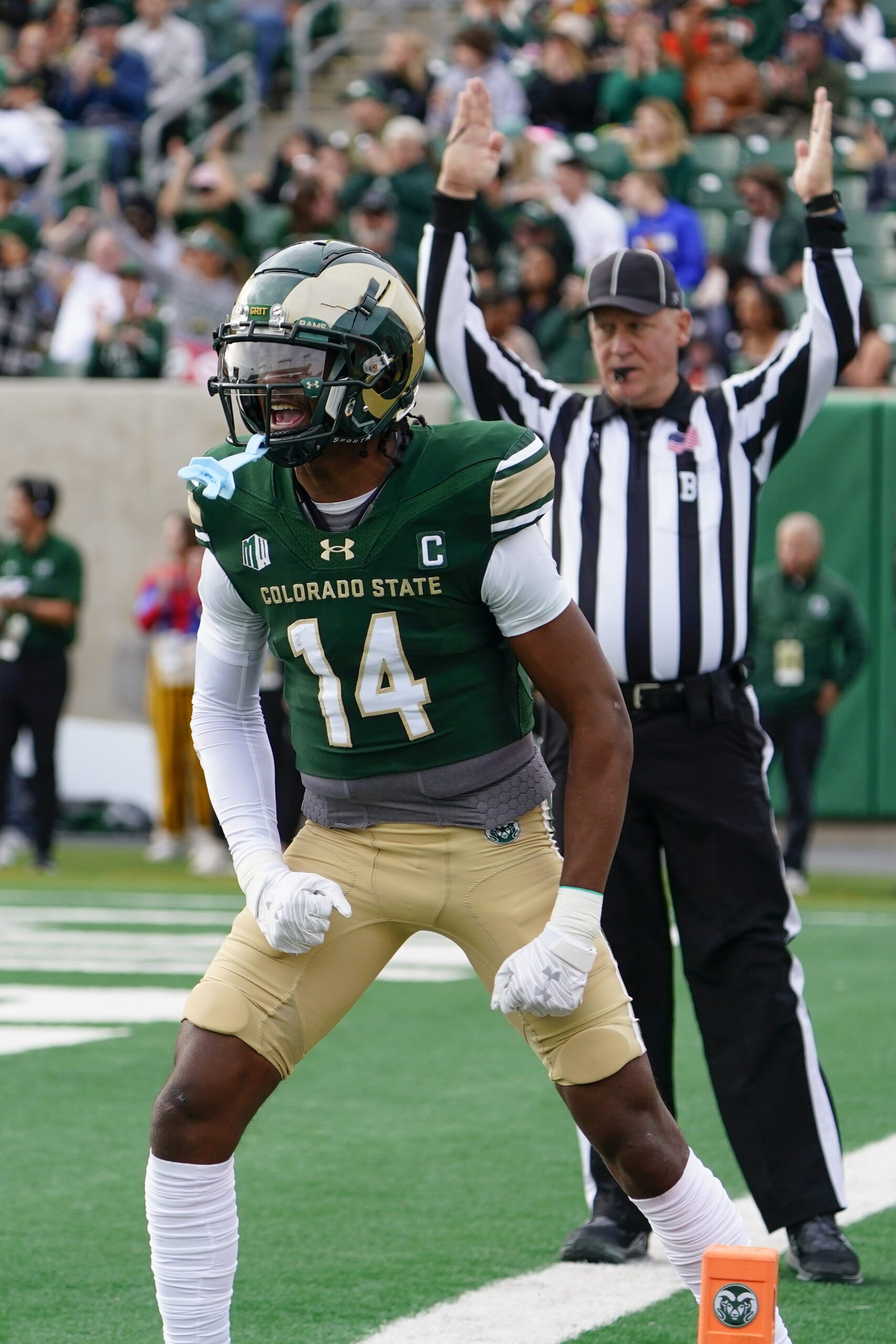 Nov 18, 2023; Fort Collins, Colorado, USA; Colorado State Rams wide receiver Tory Horton (14) celebrates his touchdown at Sonny Lubick Field at Canvas Stadium.