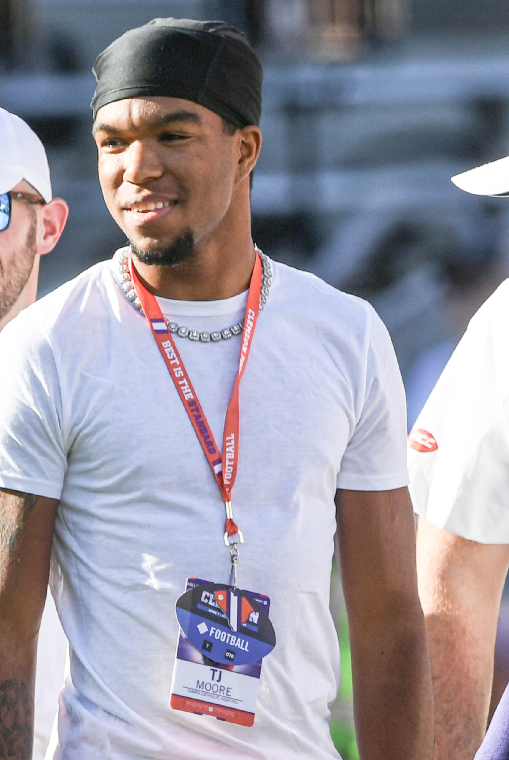 Nov 18, 2023; Clemson, South Carolina, USA; High School recruit TJ Moore on the sidelines before the kickoff between the Clemson Tigers and the North Carolina Tar Heels at Memorial Stadium. 