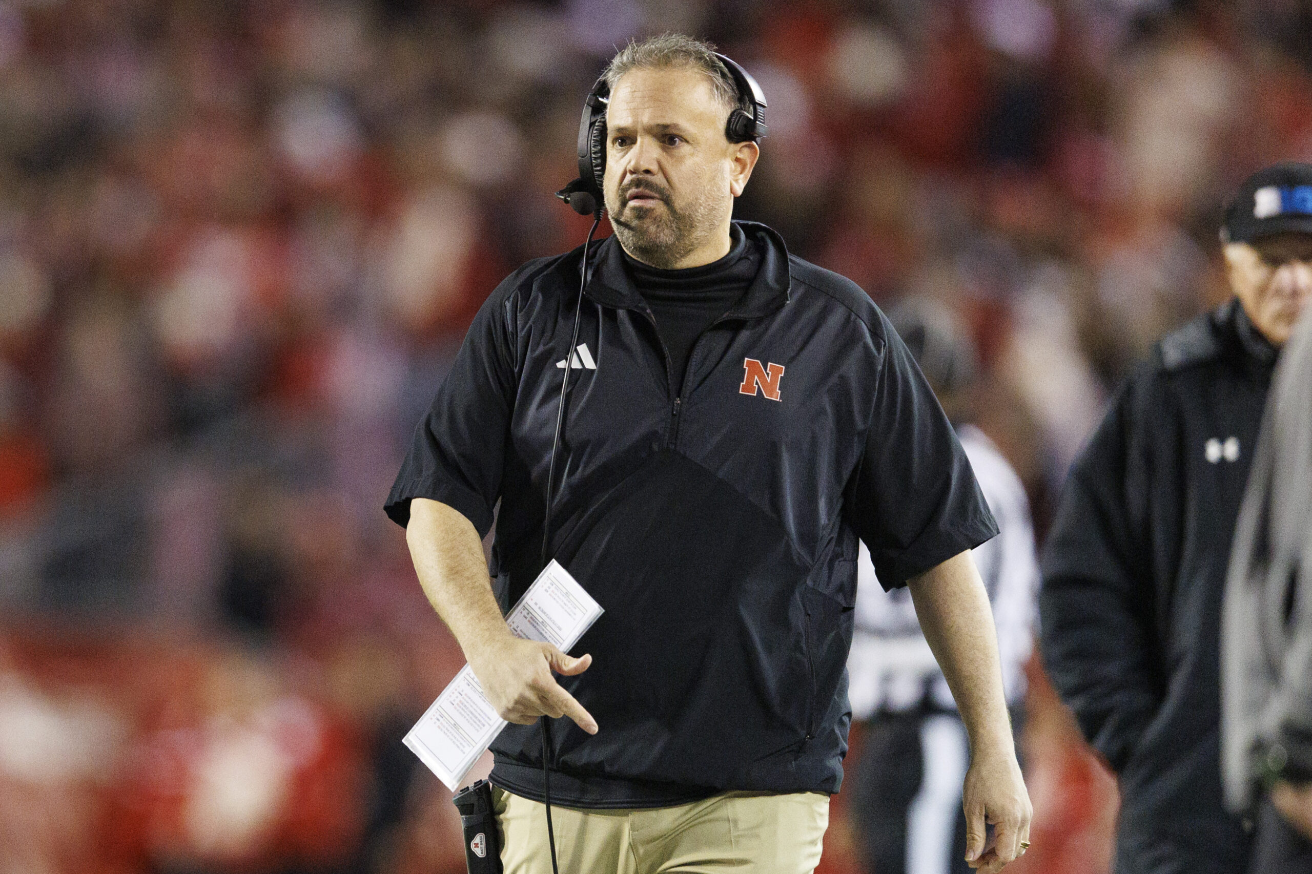 Nov 18, 2023; Madison, Wisconsin, USA; Nebraska Cornhuskers head coach Matt Rhule walks the sidelines during the fourth quarter against the Wisconsin Badgers at Camp Randall Stadium.