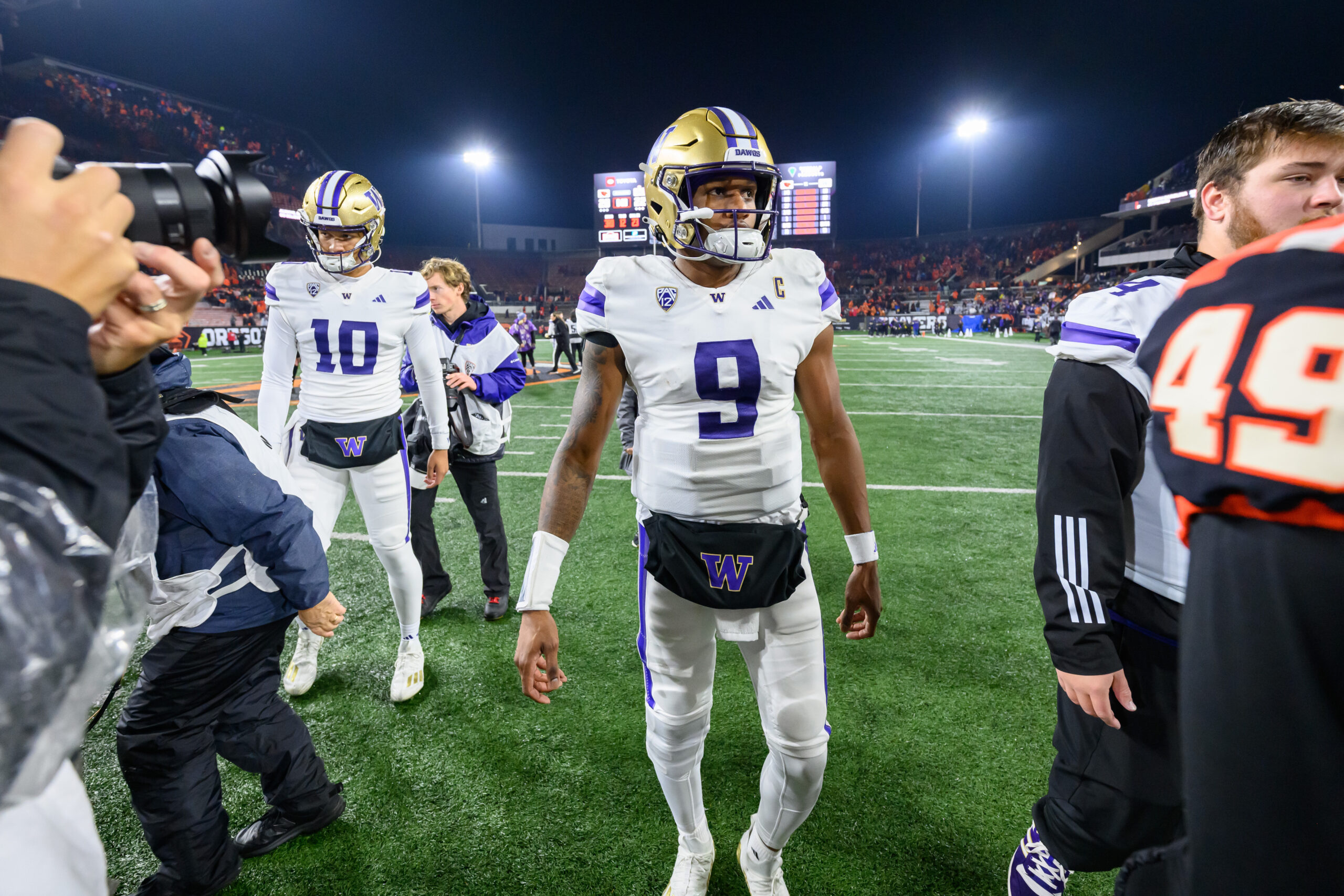Nov 18, 2023; Corvallis, Oregon, USA; Washington Huskies quarterback Michael Penix Jr. (9) walks off the field post game after a victory over the Oregon State Beavers at Reser Stadium.