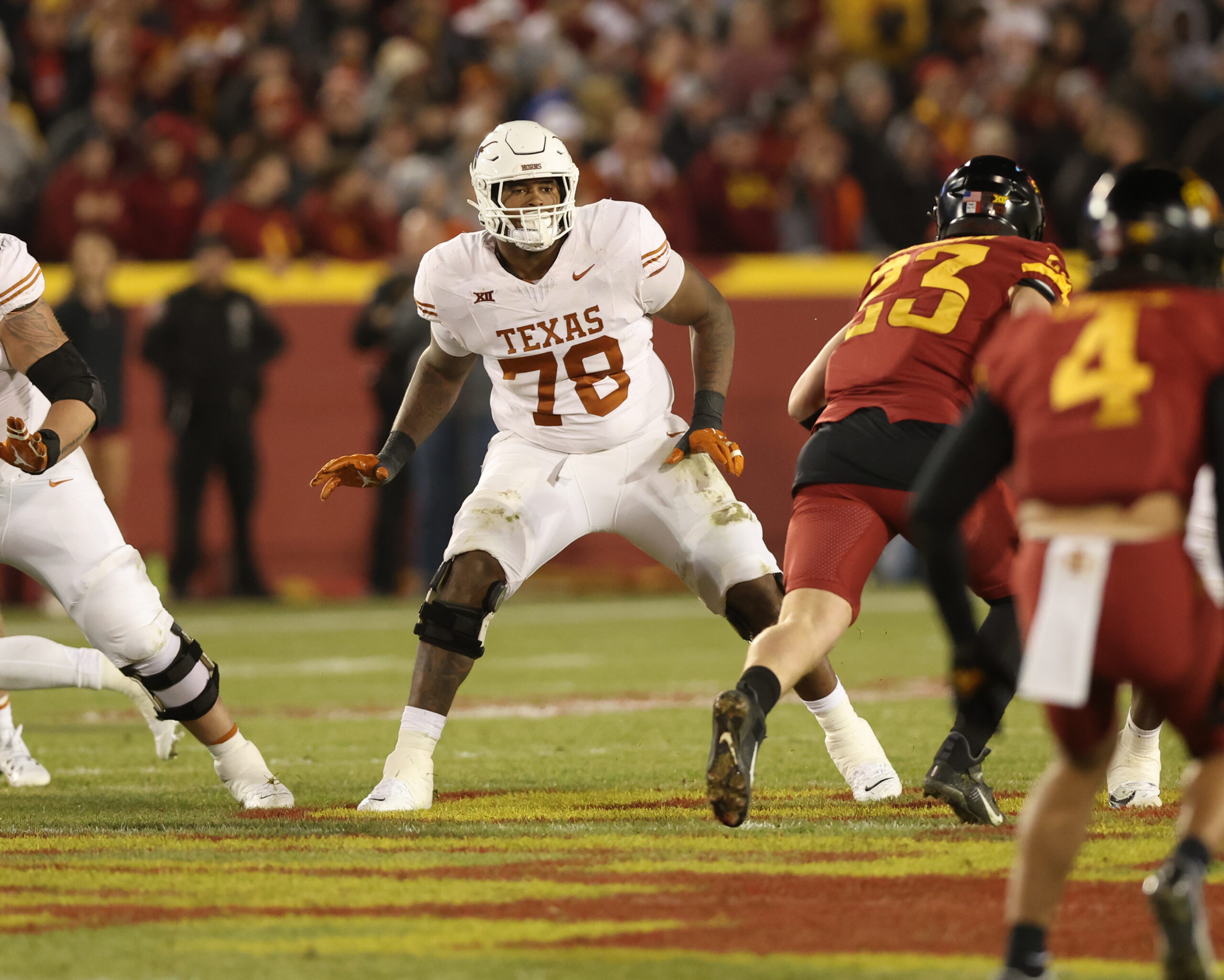 Nov 18, 2023; Ames, Iowa, USA; Texas Longhorns offensive lineman Kelvin Banks Jr. (78) plays against the Iowa State Cyclones at Jack Trice Stadium. Mandatory Credit: Reese Strickland-USA TODAY Sports