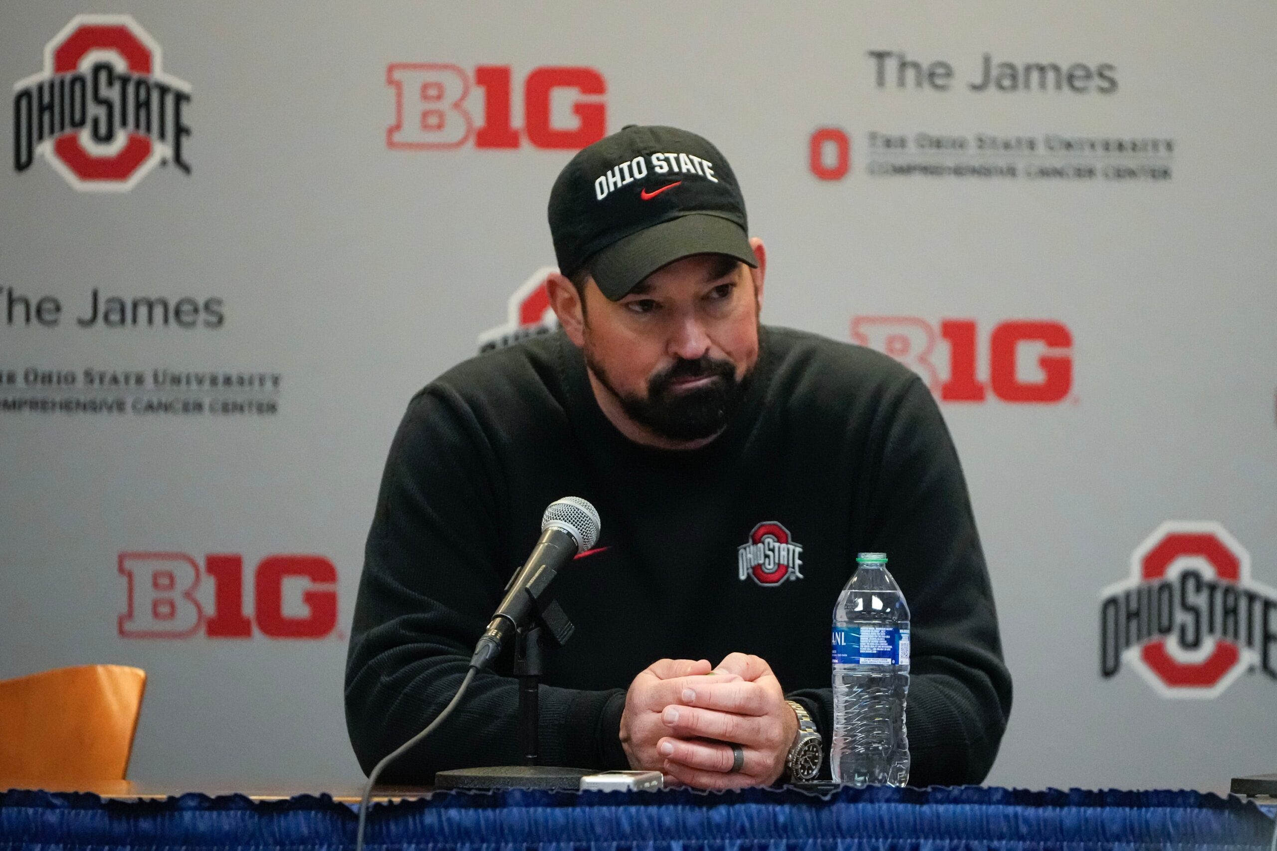 Nov 25, 2023; Ann Arbor, Michigan, USA; Ohio State Buckeyes head coach Ryan Day answers questions at a press conference following the NCAA football game against the Michigan Wolverines at Michigan Stadium. Ohio State lost 30-24.