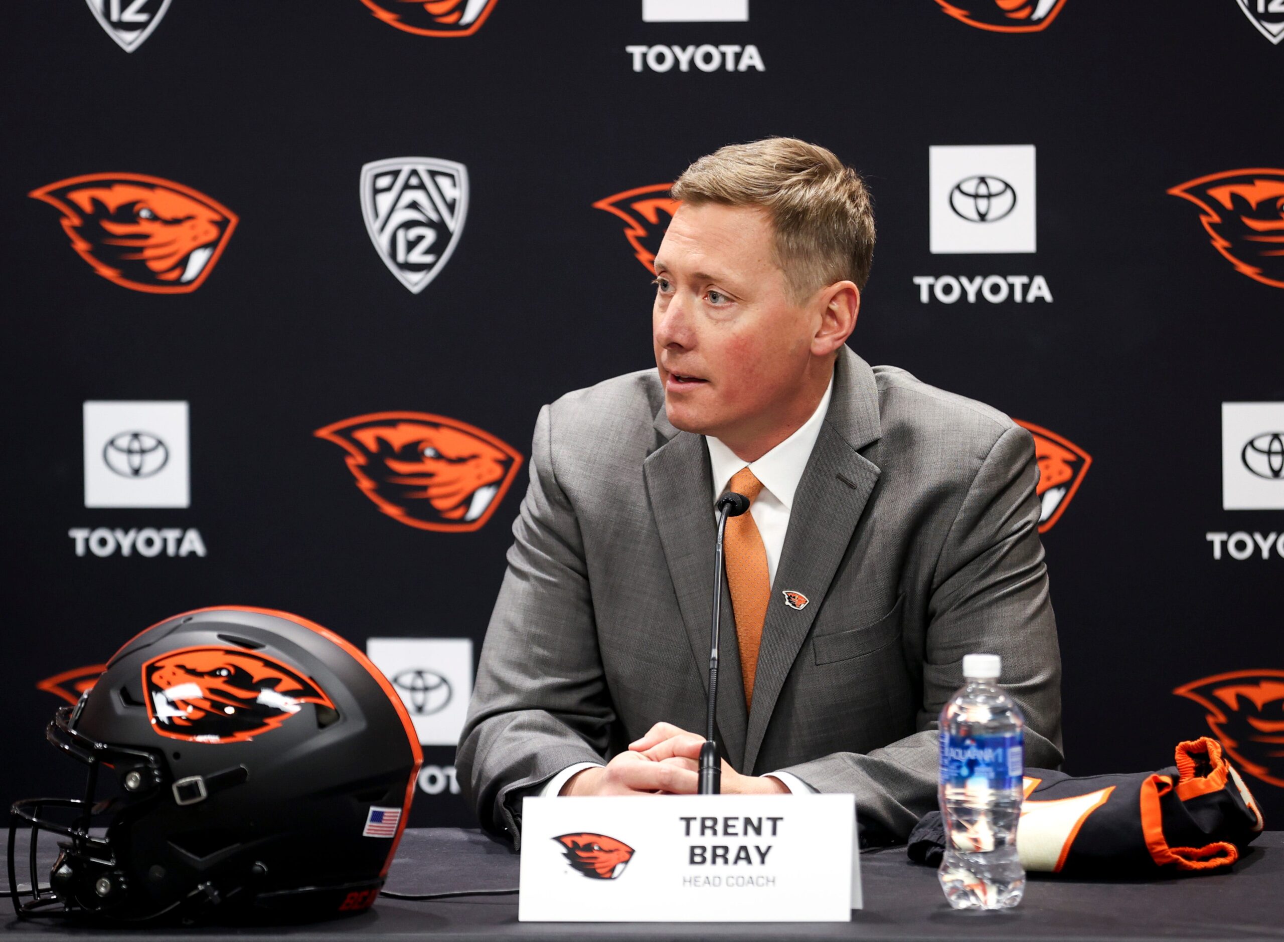 Trent Bray is formally introduced as Oregon State football s head coach during a press conference on Wednesday, Nov. 29, 2023 at Oregon State University in Corvallis, Ore.  