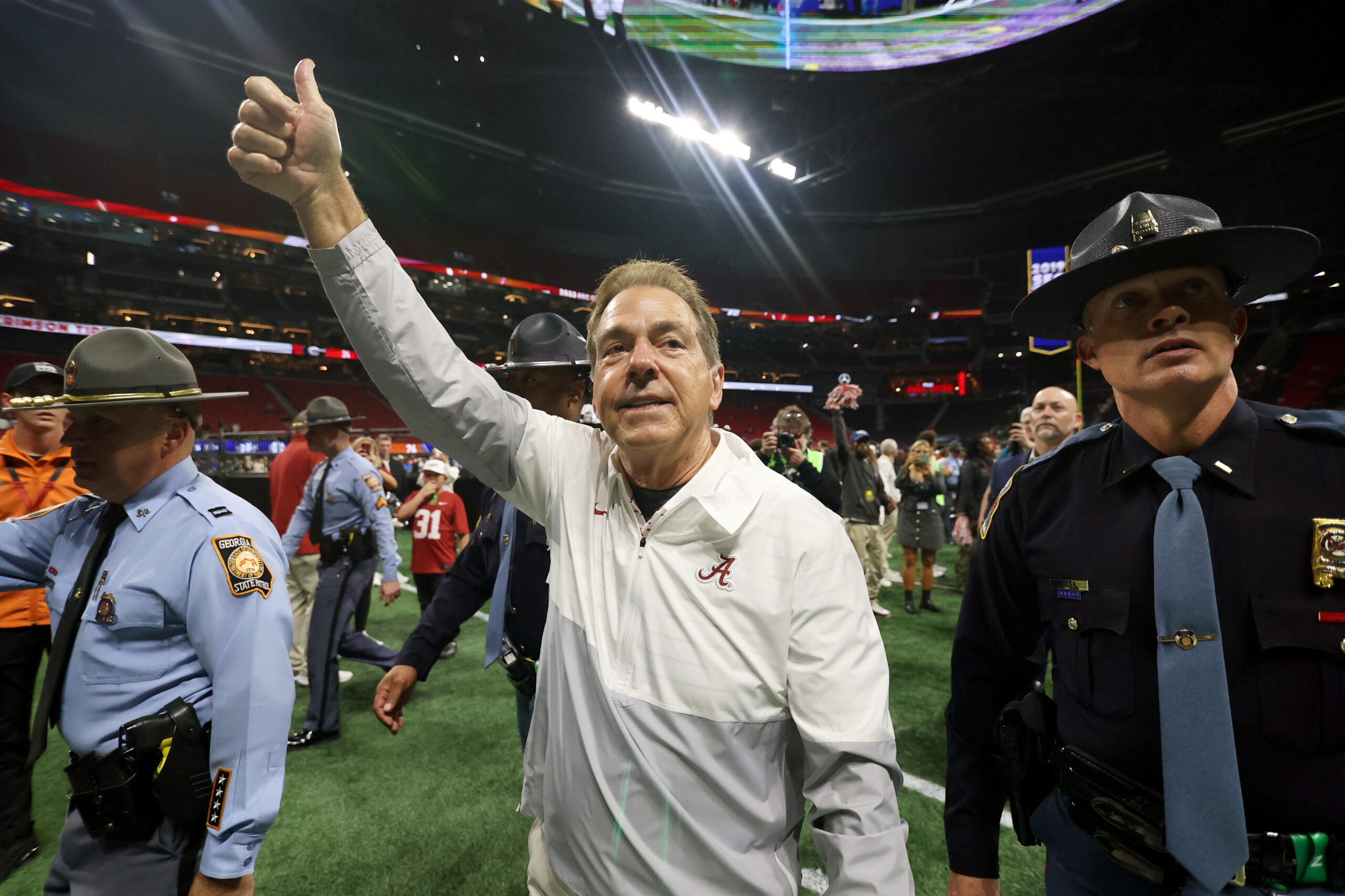 Dec 2, 2023; Atlanta, GA, USA; Alabama Crimson Tide head coach Nick Saban celebrates after defeating the Georgia Bulldogs in the SEC championship game at Mercedes-Benz Stadium.