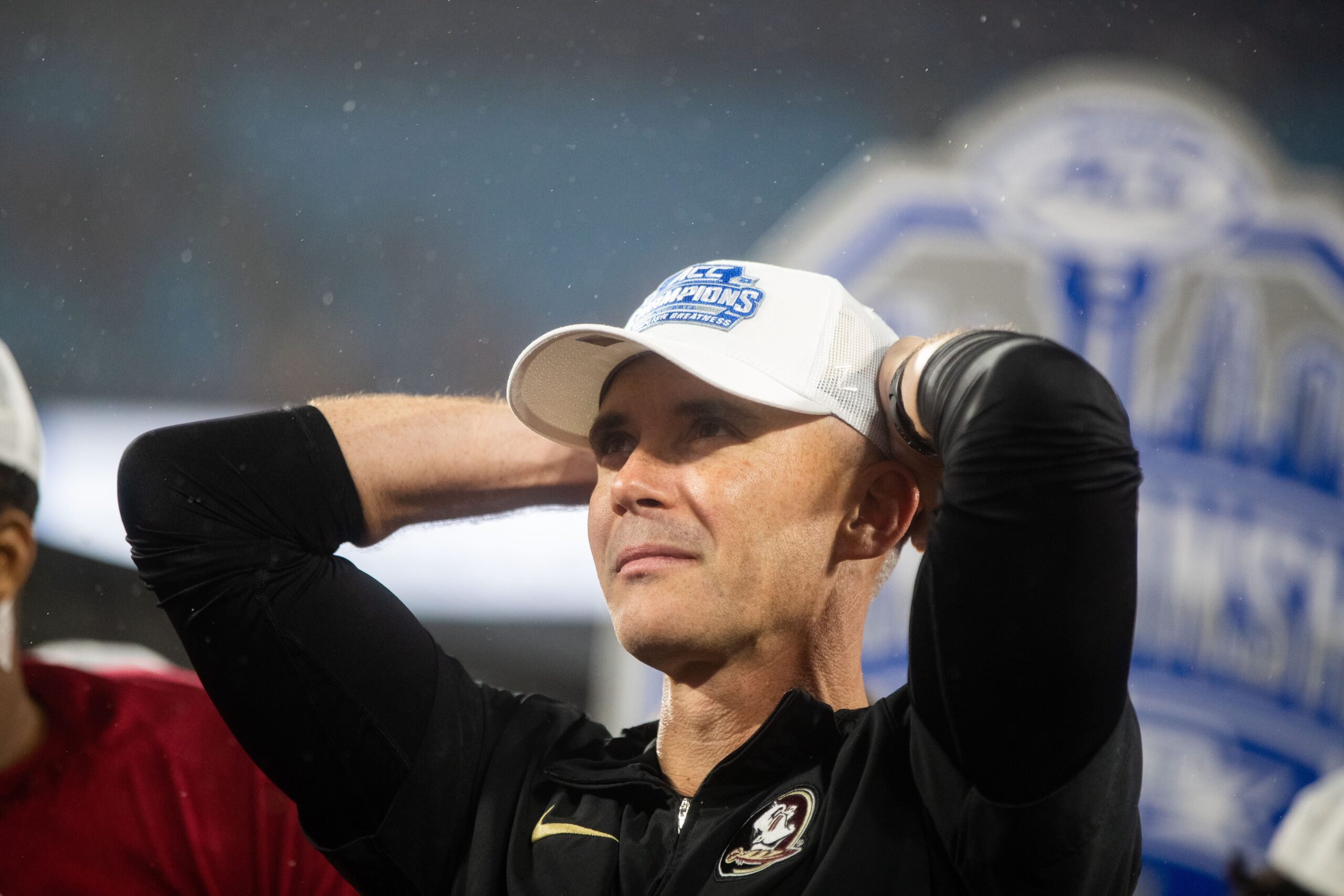 Florida State Seminoles head coach Mike Norvell takes a second to soak in the moment. The Florida State Seminoles defeated the Louisville Cardinals 16-6 to claim the ACC Championship title in Charlotte, North Carolina on Saturday, Dec. 2, 2023.