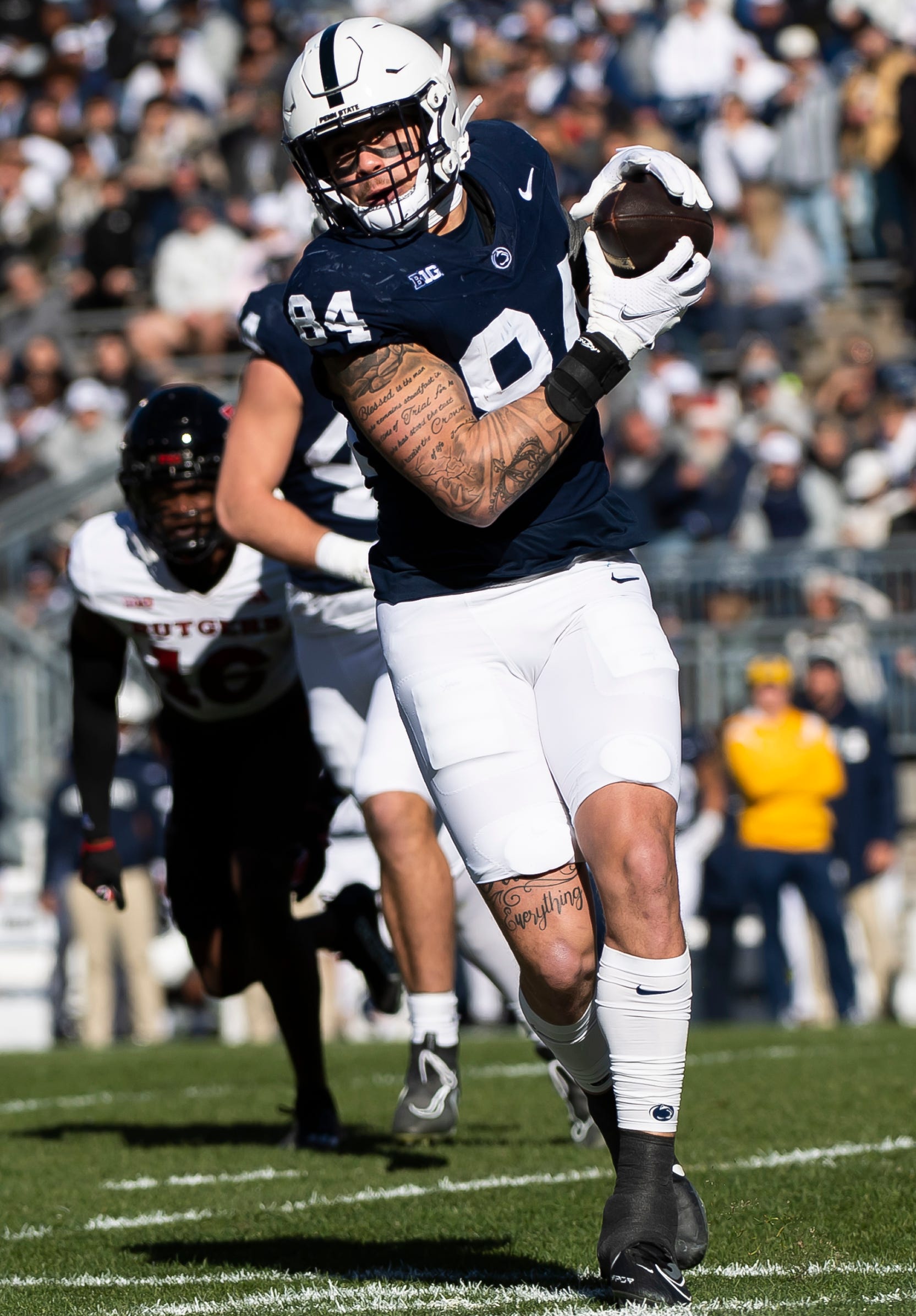 Penn State tight end Theo Johnson catches a pass on the first offensive play of the game during an NCAA football game against Rutgers Saturday, Nov. 18, 2023, in State College, Pa. The Nittany Lions won, 27-6.