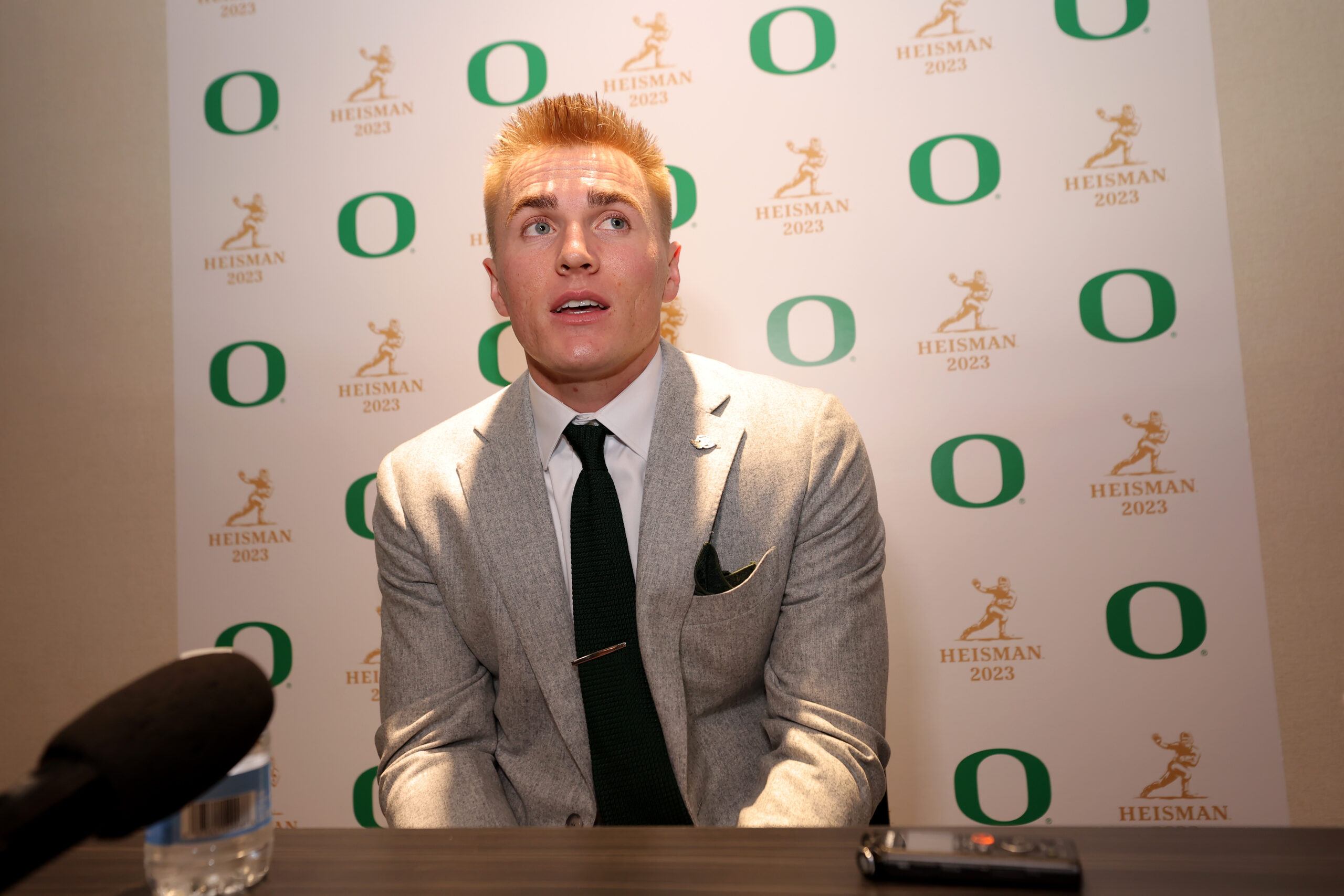 Dec 9, 2023; New York, New York, USA; Oregon Ducks quarterback Bo Nix speaks to the media during a press conference in the Astor ballroom at the New York Marriott Marquis before the presentation of the Heisman trophy.