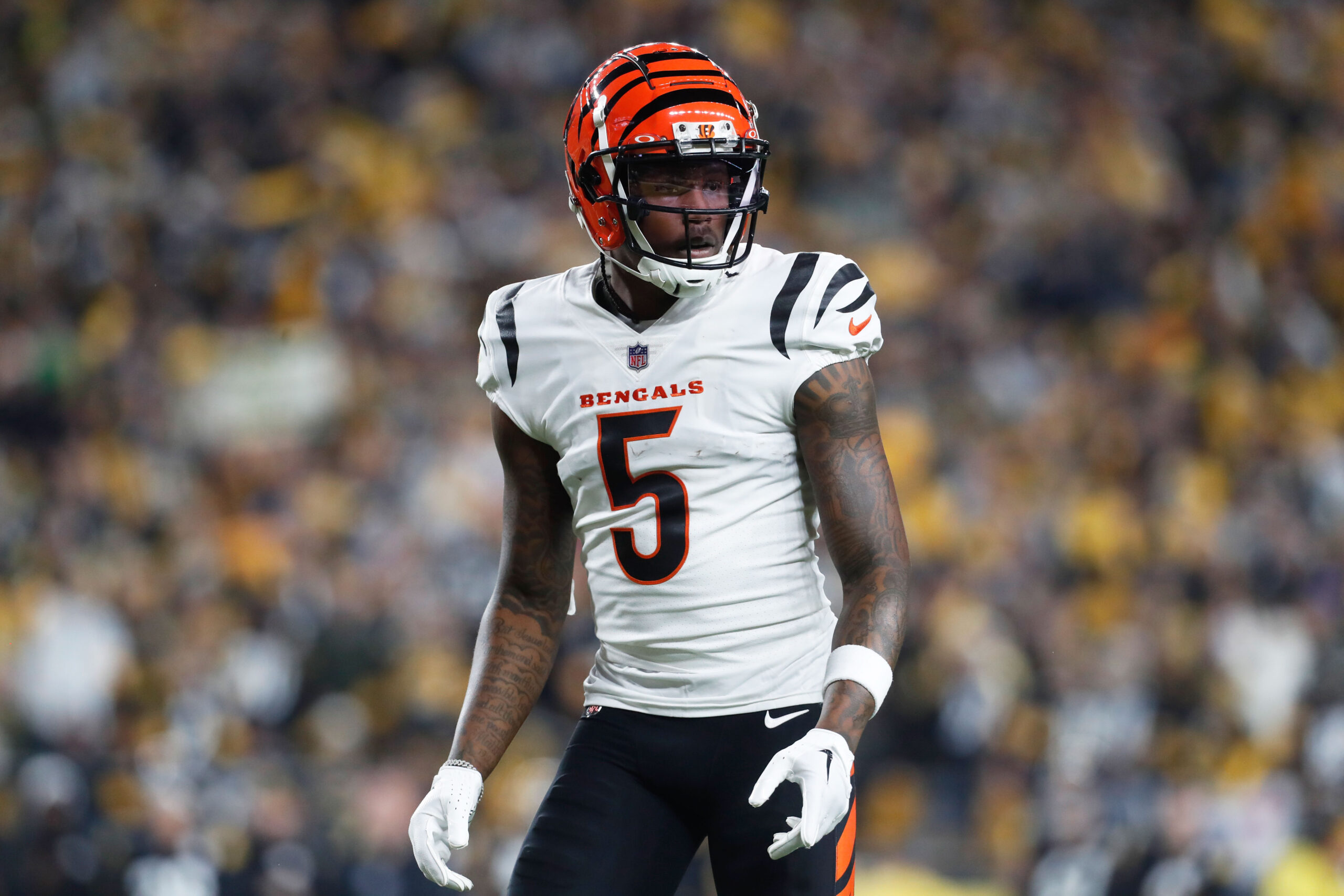 Dec 23, 2023; Pittsburgh, Pennsylvania, USA; Cincinnati Bengals wide receiver Tee Higgins (5) at the line of scrimmage against the Pittsburgh Steelers during the second quarter at Acrisure Stadium.