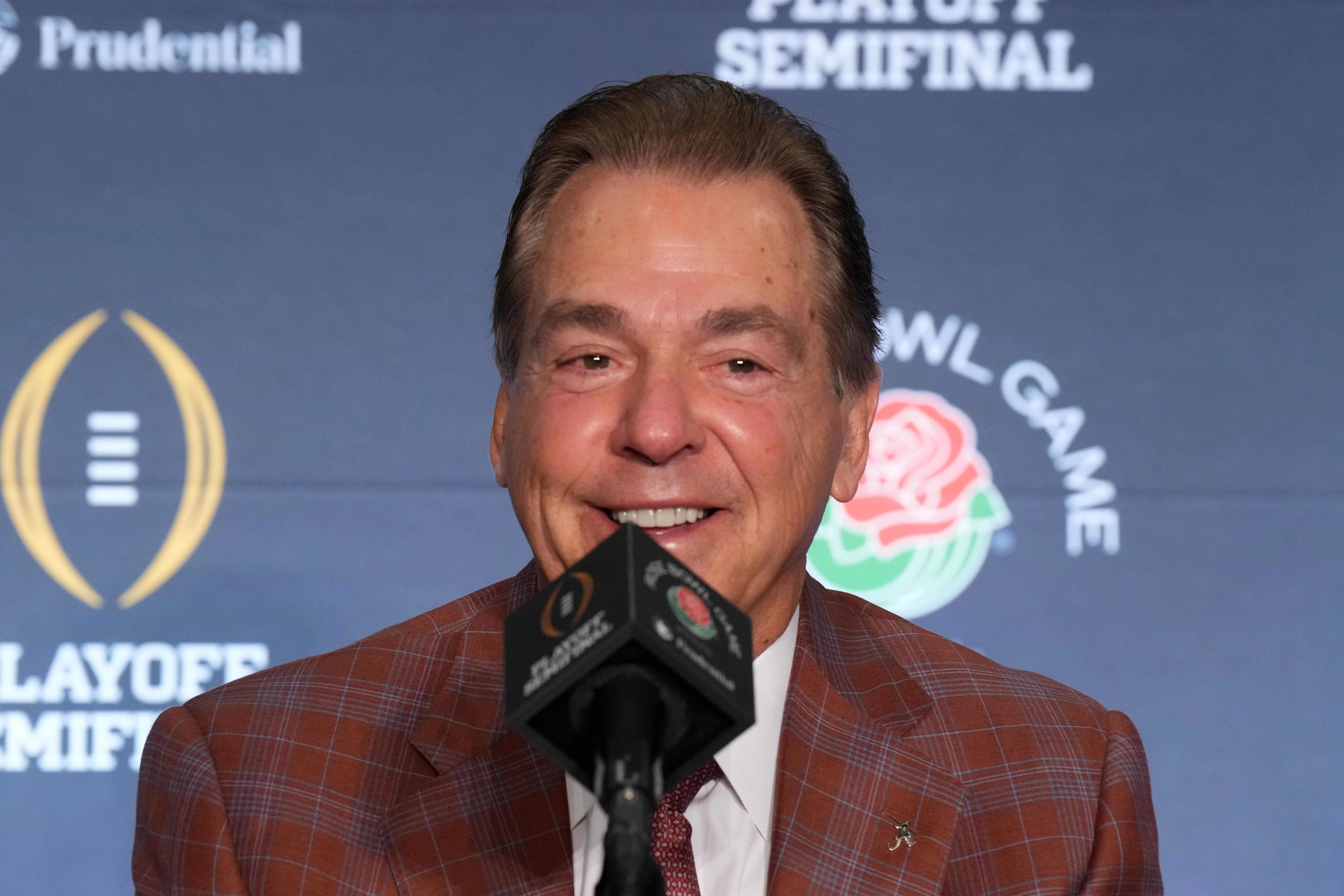 Dec 31, 2023; Los Angeles, CA, USA; Alabama Crimson Tide head coach Nick Saban at the Rose Bowl coaches press conference at the Sheraton Grand