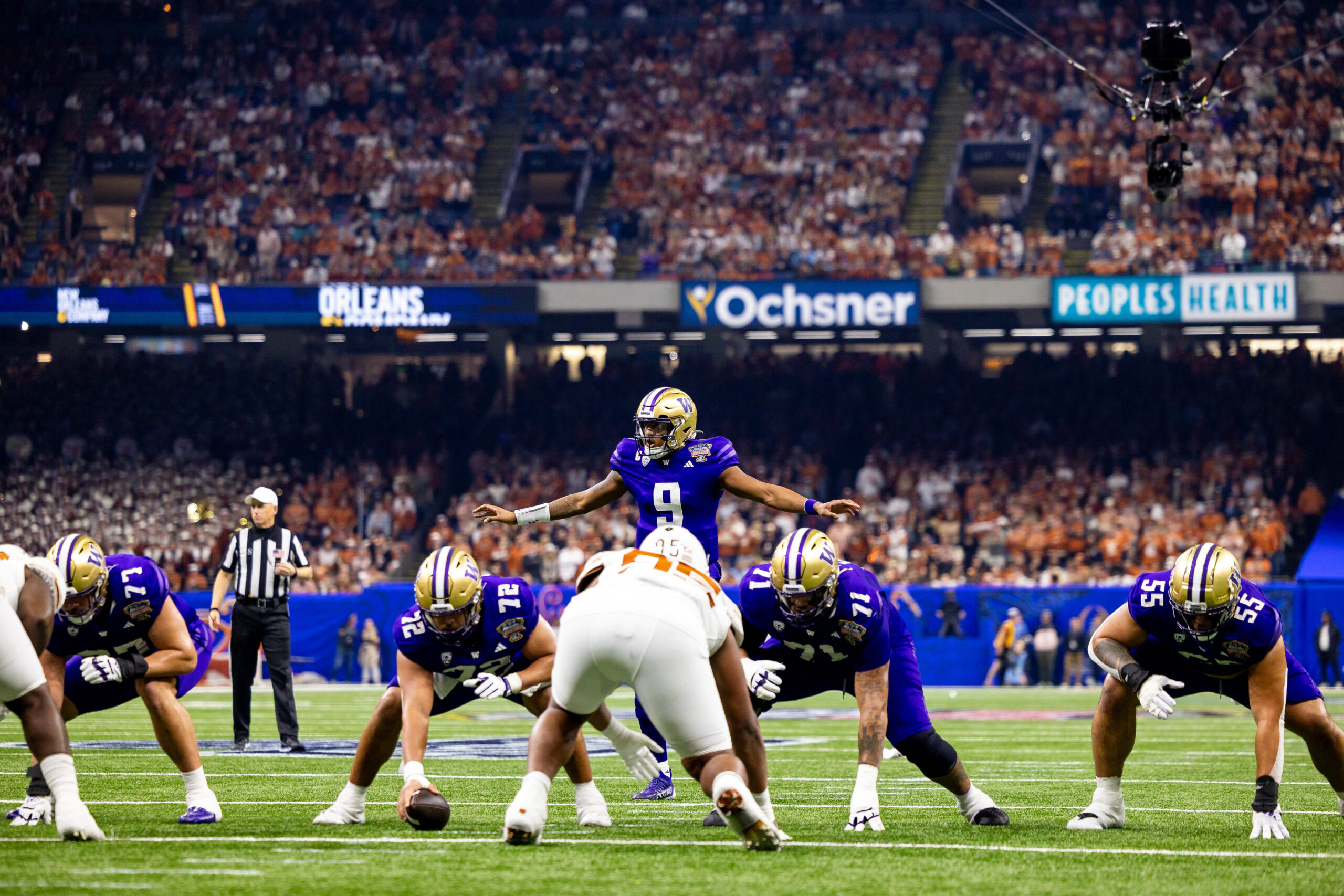 Jan 1, 2024; New Orleans, LA, USA; Washington Huskies quarterback Michael Penix Jr. (9) gestures before the snap against the Texas Longhorns during the second quarter of the 2024 Sugar Bowl college football playoff semifinal game at Caesars Superdome. Mandatory Credit: Stephen Lew-USA TODAY Sports