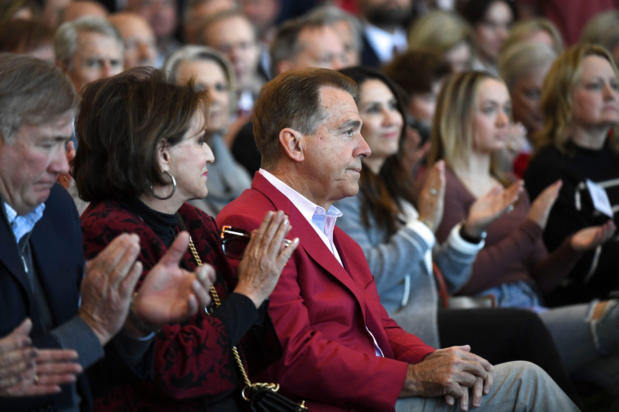 Jan 13, 2024; Tuscaloosa, AL, USA; The University of Alabama introduced new head football coach Kalen DeBoer with a press conference at Bryant-Denny Stadium. Terry Saban and former Alabama head coach Nick Saban listen to the press conference.