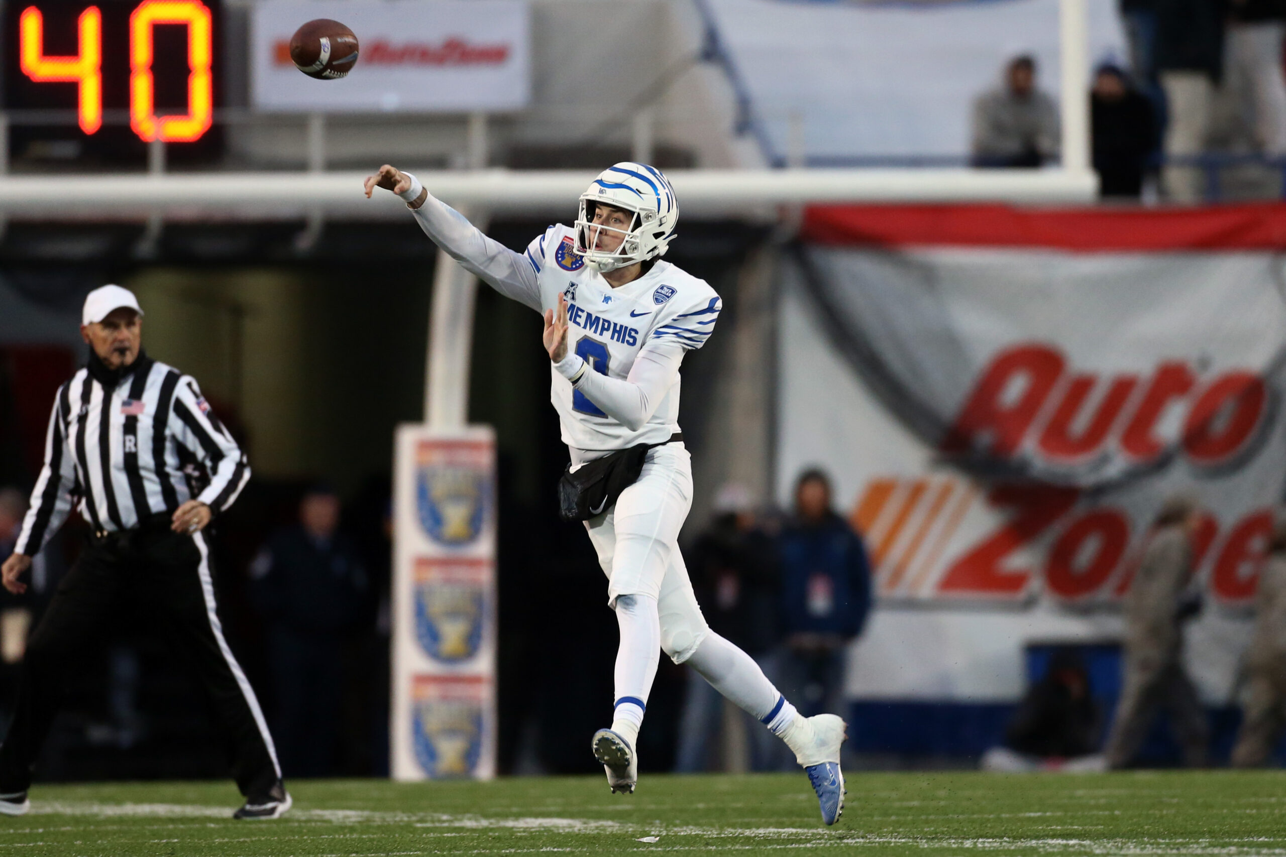 Dec 29, 2023; Memphis, TN, USA; Memphis Tigers quarterback Seth Henigan (2) passes the ball during the first half against the Iowa State Cyclones at Simmons Bank Liberty Stadium.
