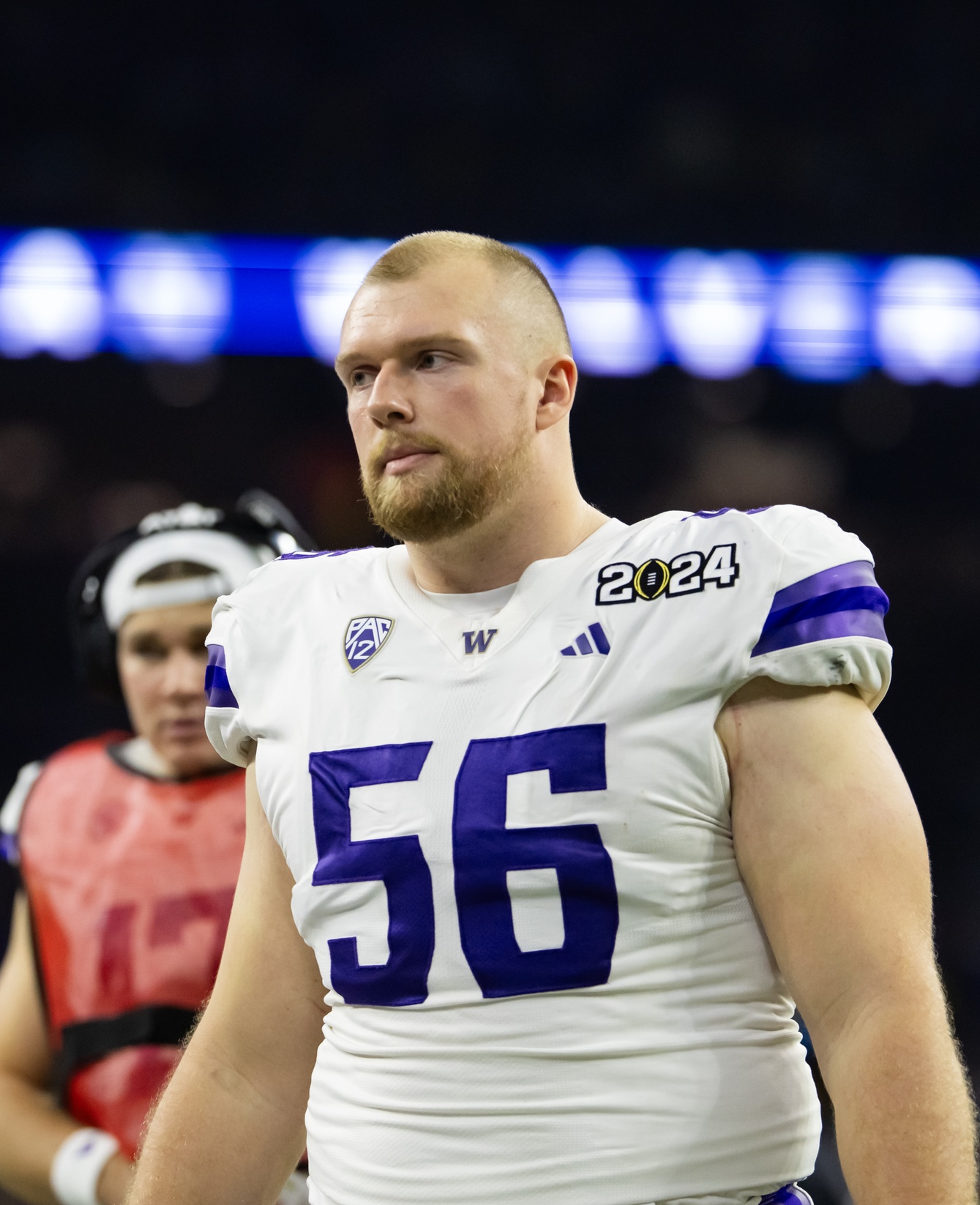 Jan 8, 2024; Houston, TX, USA; Washington Huskies offensive lineman Geirean Hatchett (56) against the Michigan Wolverines during the 2024 College Football Playoff national championship game at NRG Stadium.