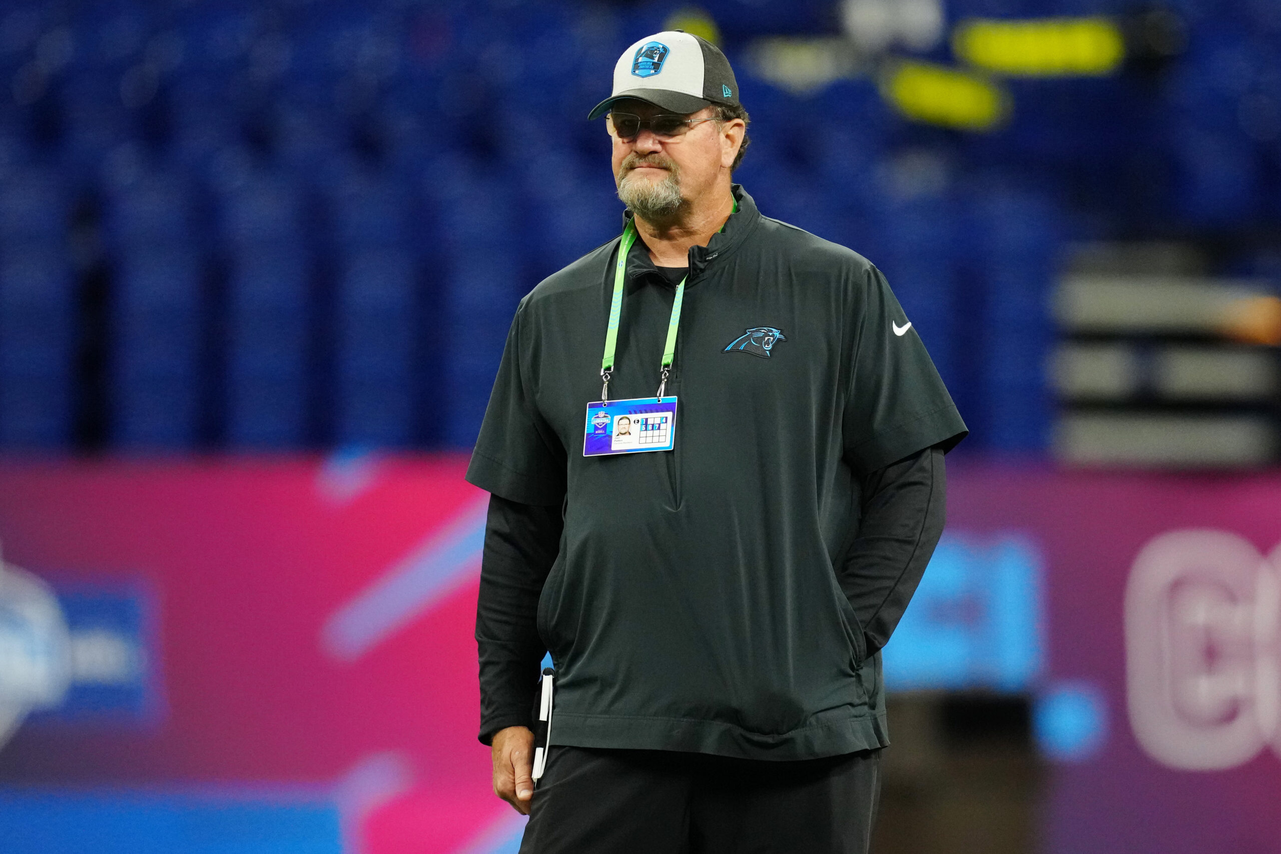 Feb 29, 2024; Indianapolis, IN, USA; Carolina Panthers scout Joel Patten looks on during the 2024 NFL Combine at Lucas Oil Stadium.