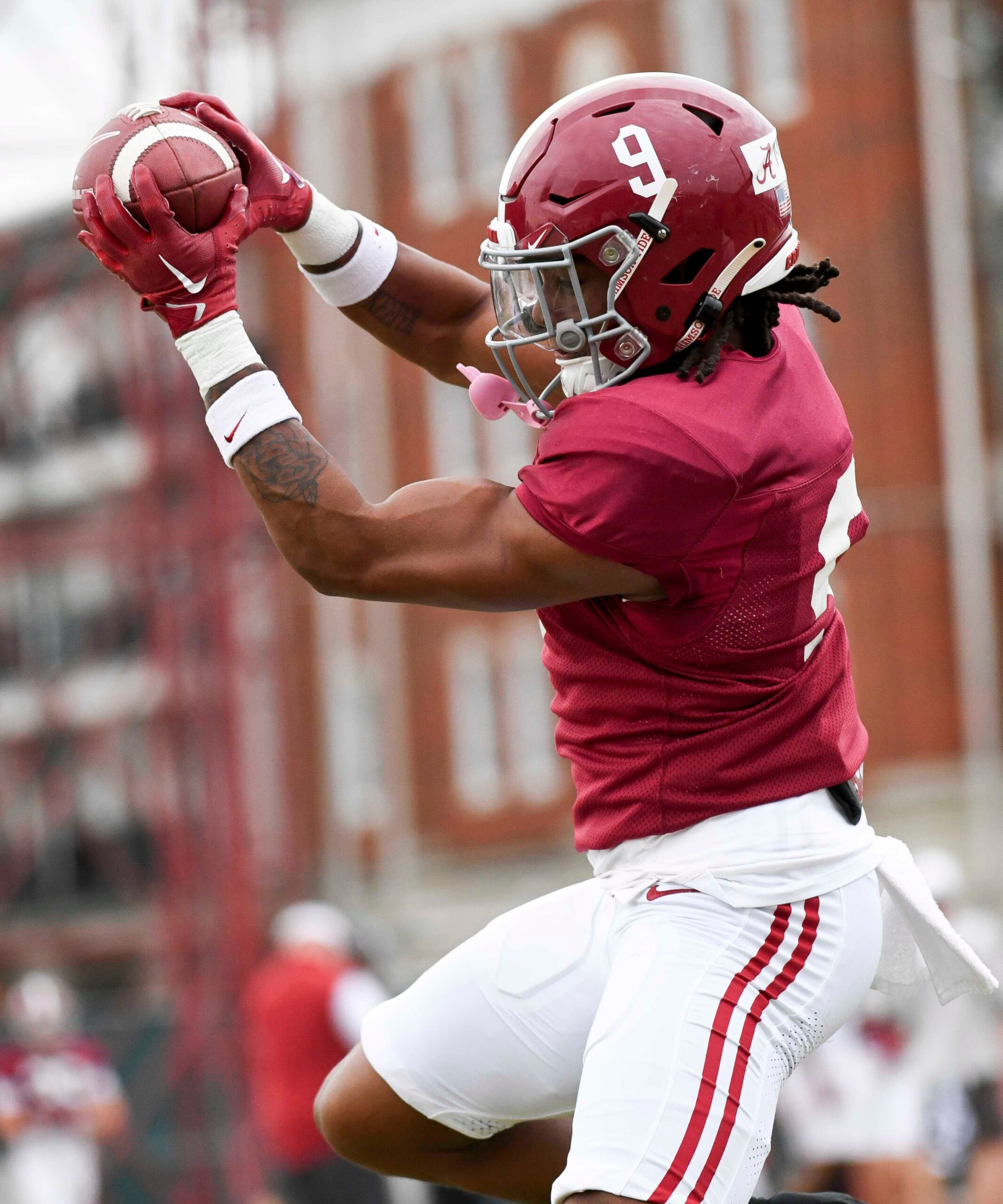 Mar 21, 2024; Tuscaloosa, Alabama, USA; Defensive back Jaylen Mbakwe catches a pass during practice at the University Alabama Thursday.  