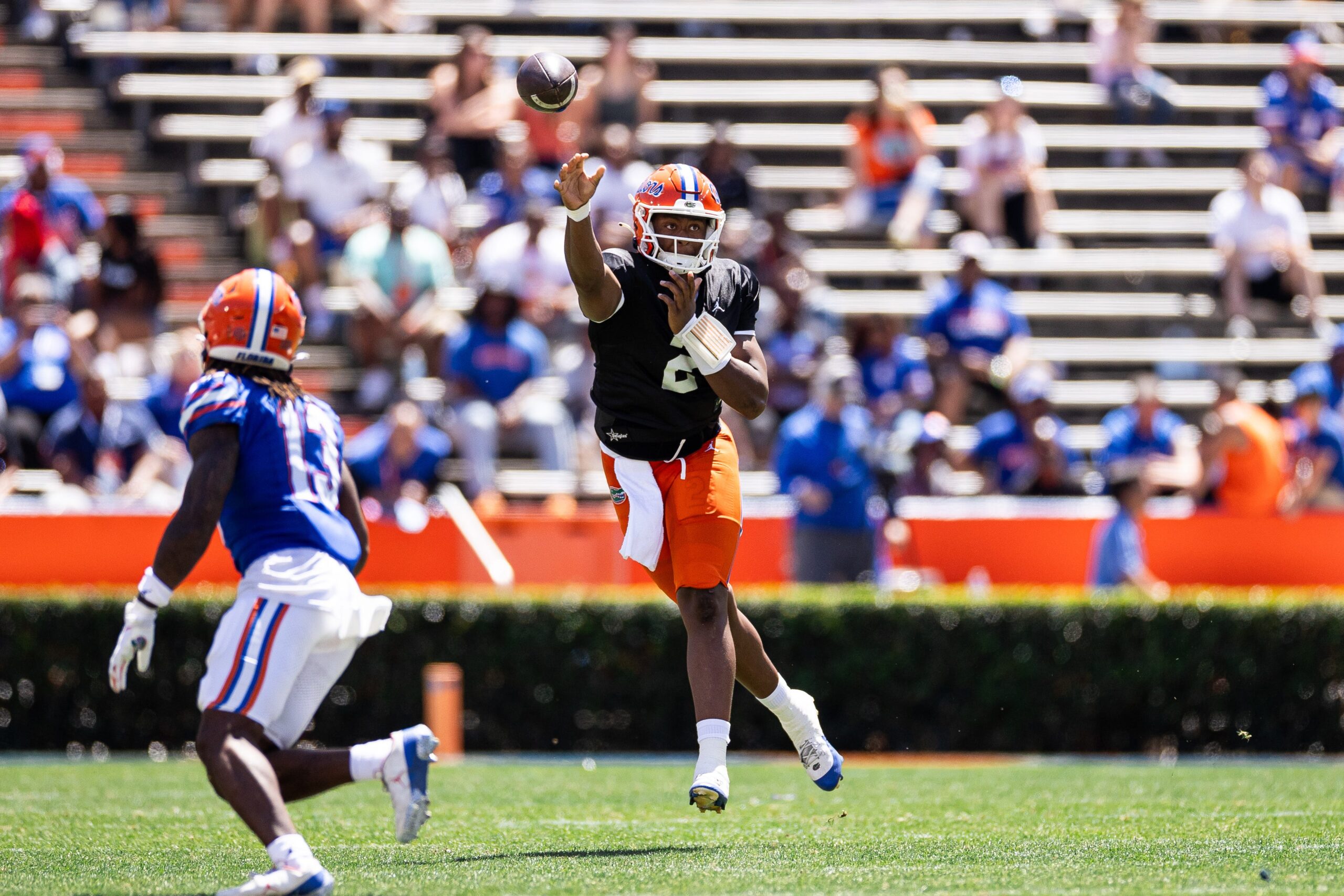 Florida Gators quarterback DJ Lagway (2) throws the ball during the second half at the Orange and Blue spring football game at Steve Spurrier Field at Ben Hill Griffin Stadium in Gainesville, FL on Saturday, April 13, 2024.
