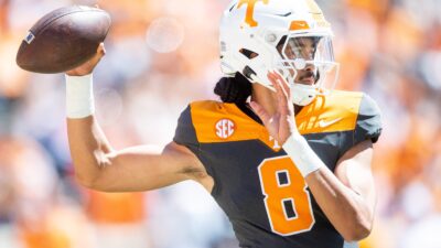 Tennessee quarterback Nico Iamaleava (8) during Tennessee's Orange & White spring football game at Neyland Stadium on Saturday