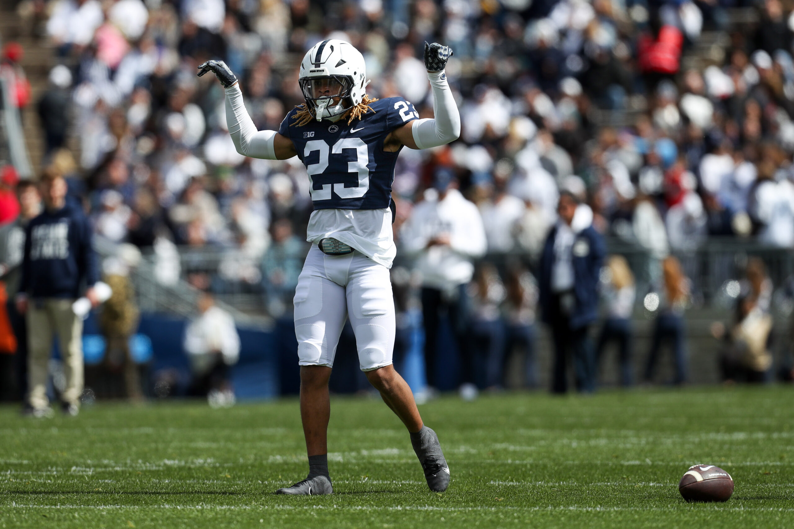 Apr 13, 2024; University Park, PA, USA; Penn State Nittany Lions cornerback Antoine Belgrave-Shorter (23) reacts after breaking up a pass intended for wide receiver Omar Evans (5) during the second quarter of the Blue White spring game at Beaver Stadium. The White team defeated the Blue team 27-0.