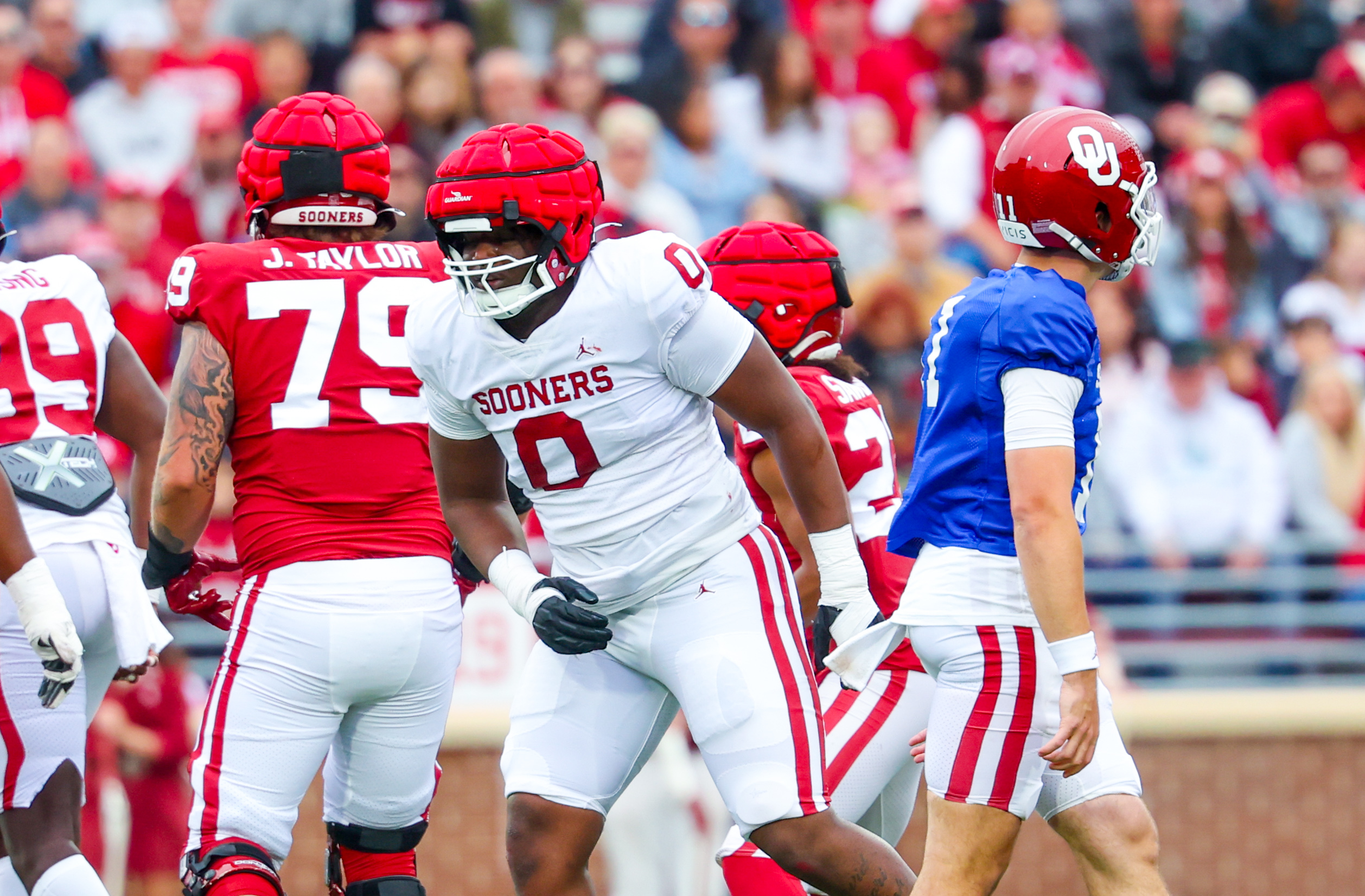 Apr 20, 2024; Norman, OK, USA; Oklahoma Sooners defensive lineman David Stone (0) reacts after pressuring Oklahoma Sooners quarterback Jackson Arnold (11) during the Oklahoma Sooners spring game at Gaylord Family OK Memorial Stadium.
